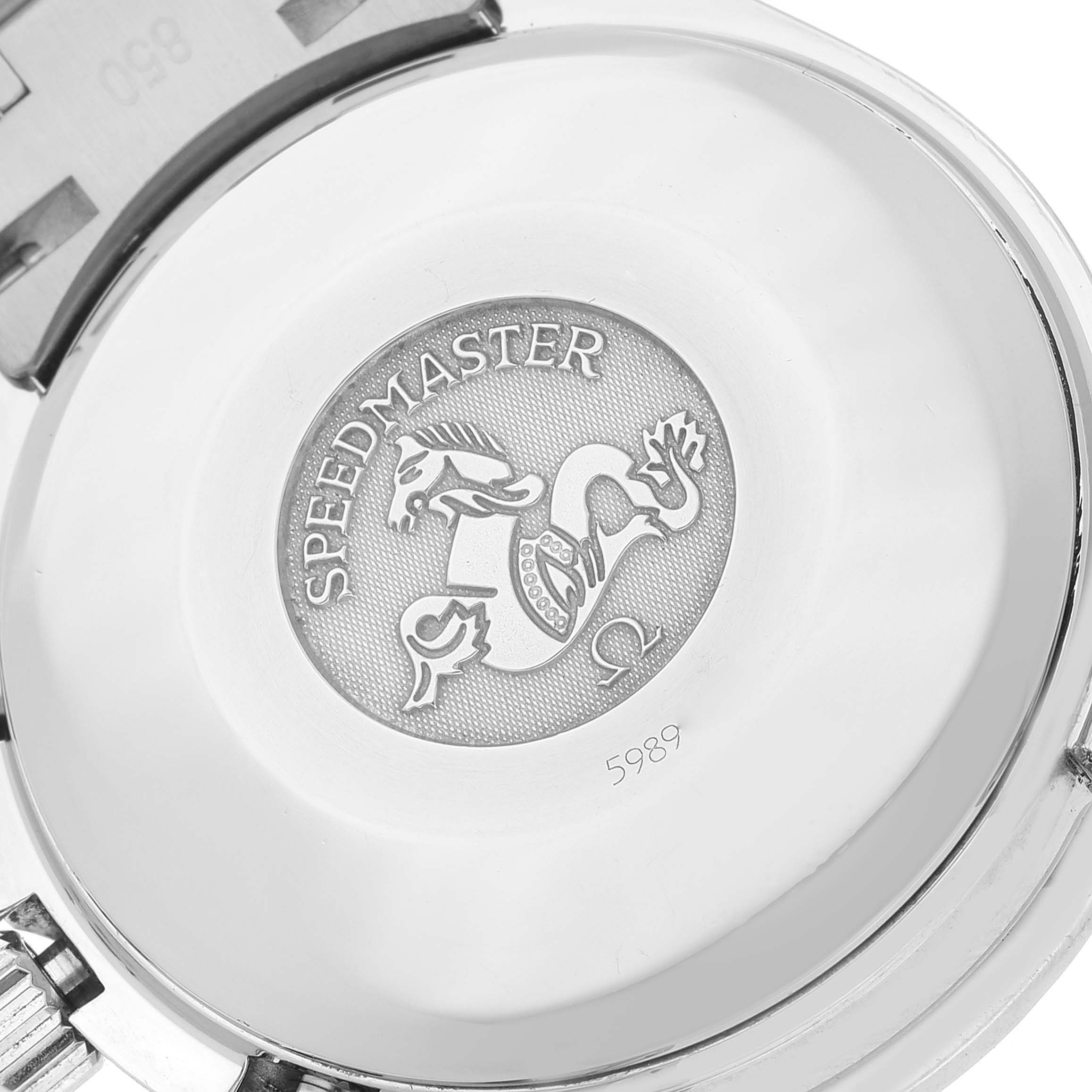 The image shows the back case of an Omega Speedmaster 3513.50.00 Men's Stainless Steel Black Dial 3513.50.00 Men's Stainless Steel Black Dial watch, highlighting the engraved logo and model name.