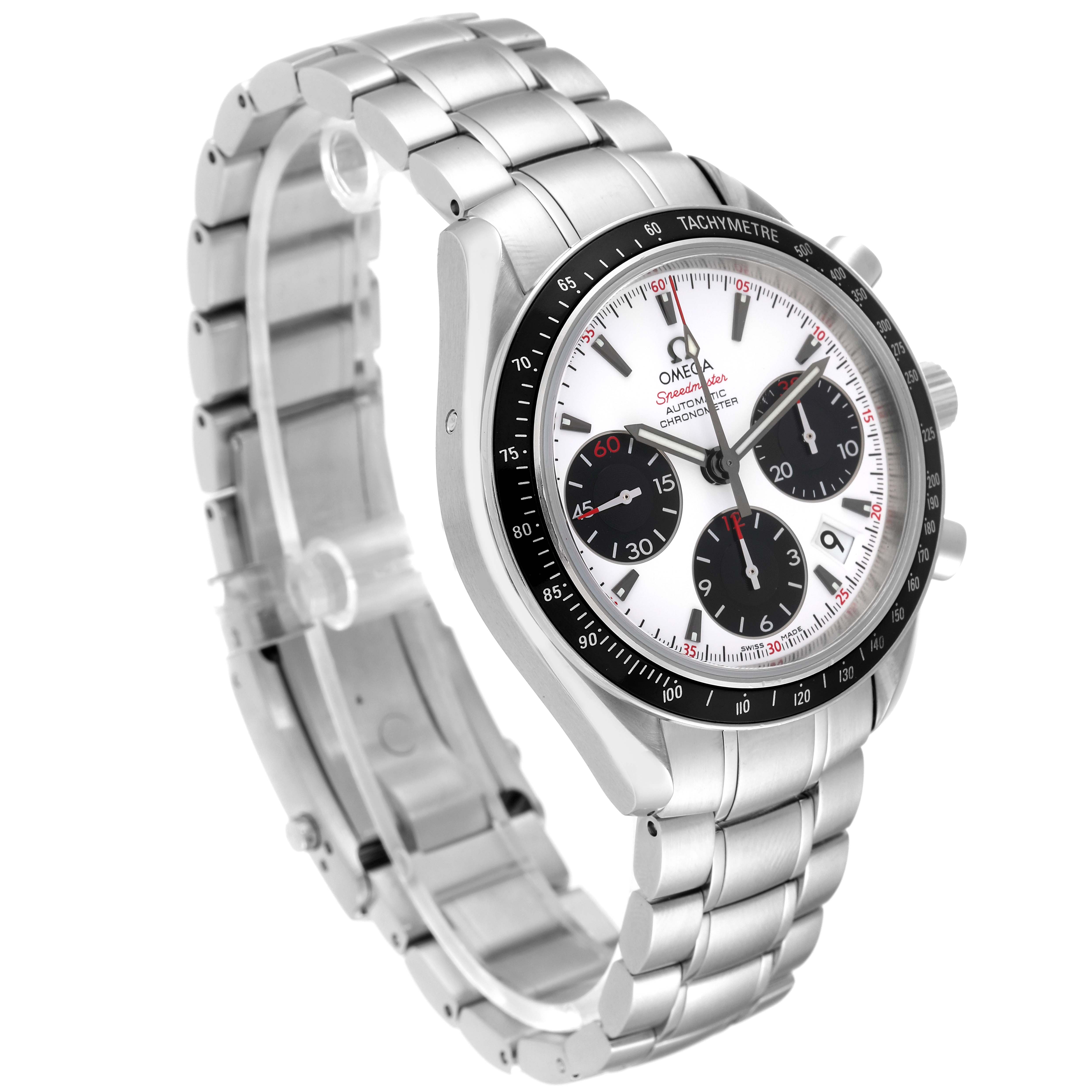 The image shows an Omega Speedmaster 323.30.40.40.04.001 Men
s Stainless Steel White Dial 323.30.40.40.04.001 Men
s Stainless Steel White Dial watch angled from the front-left, highlighting its dial and stainless steel bracelet.