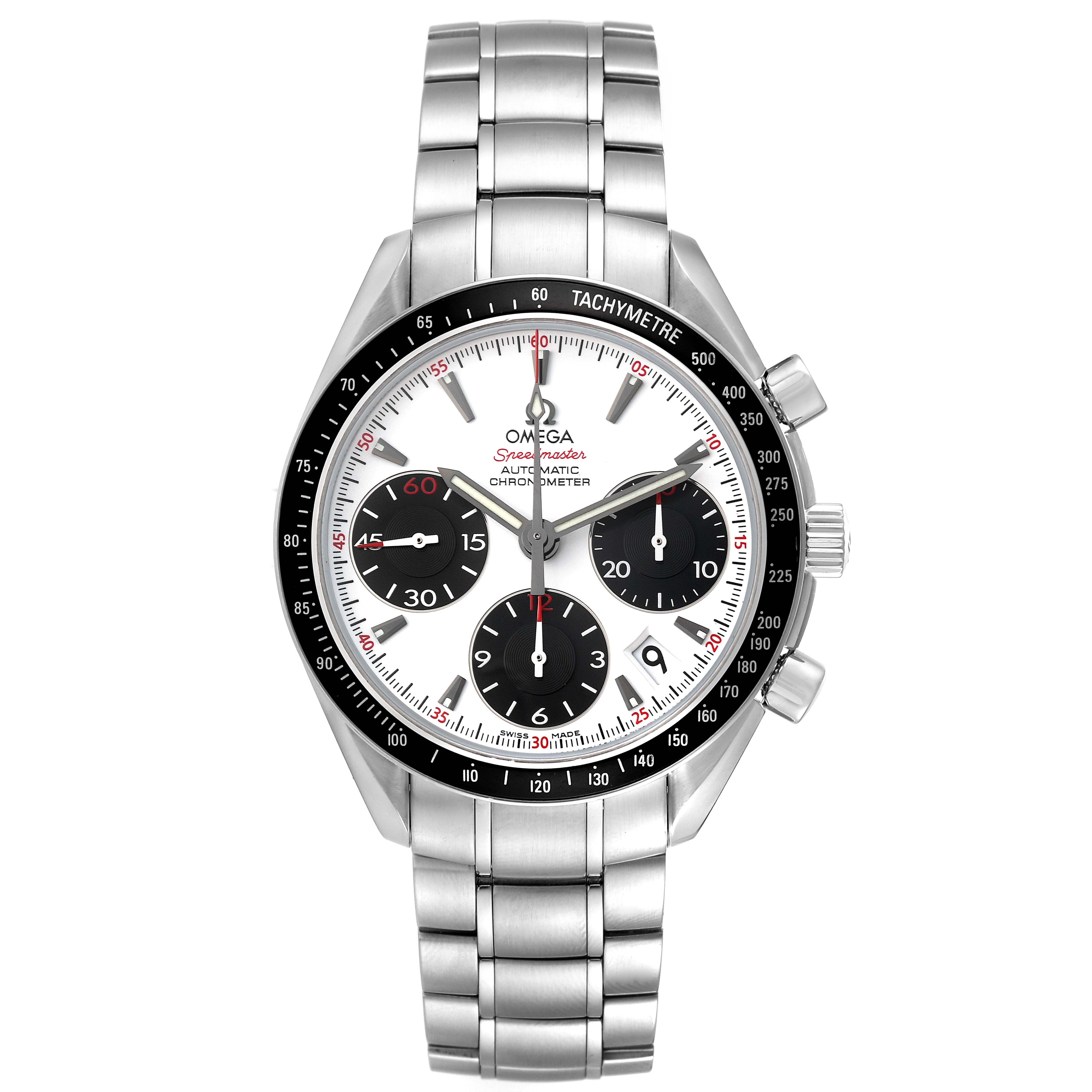 The image shows a front view of an Omega Speedmaster 323.30.40.40.04.001 Men
s Stainless Steel White Dial 323.30.40.40.04.001 Men
s Stainless Steel White Dial watch with a stainless steel bracelet and three sub-dials.