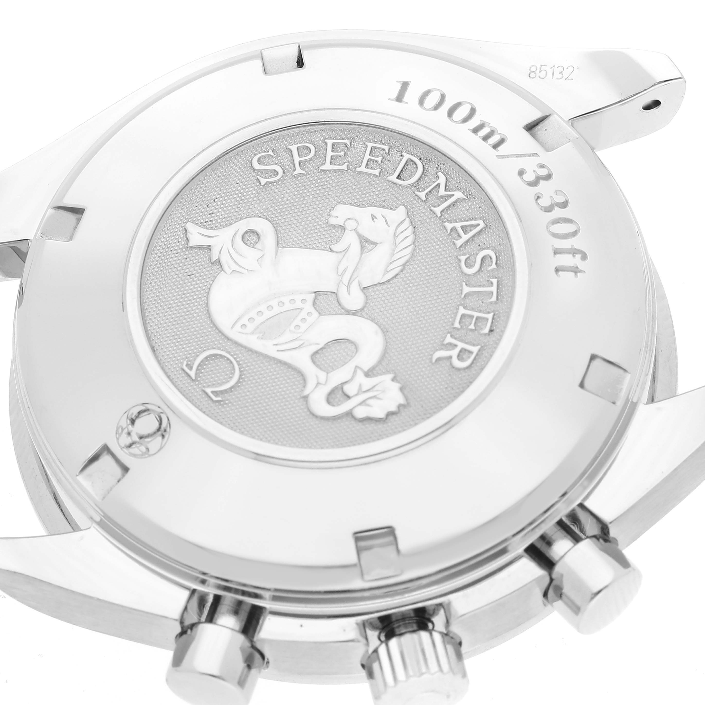 The image shows the case back and pushers of an Omega Speedmaster 323.30.40.40.04.001 Men
s Stainless Steel White Dial 323.30.40.40.04.001 Men
s Stainless Steel White Dial watch, highlighting its 100m/330ft water resistance.