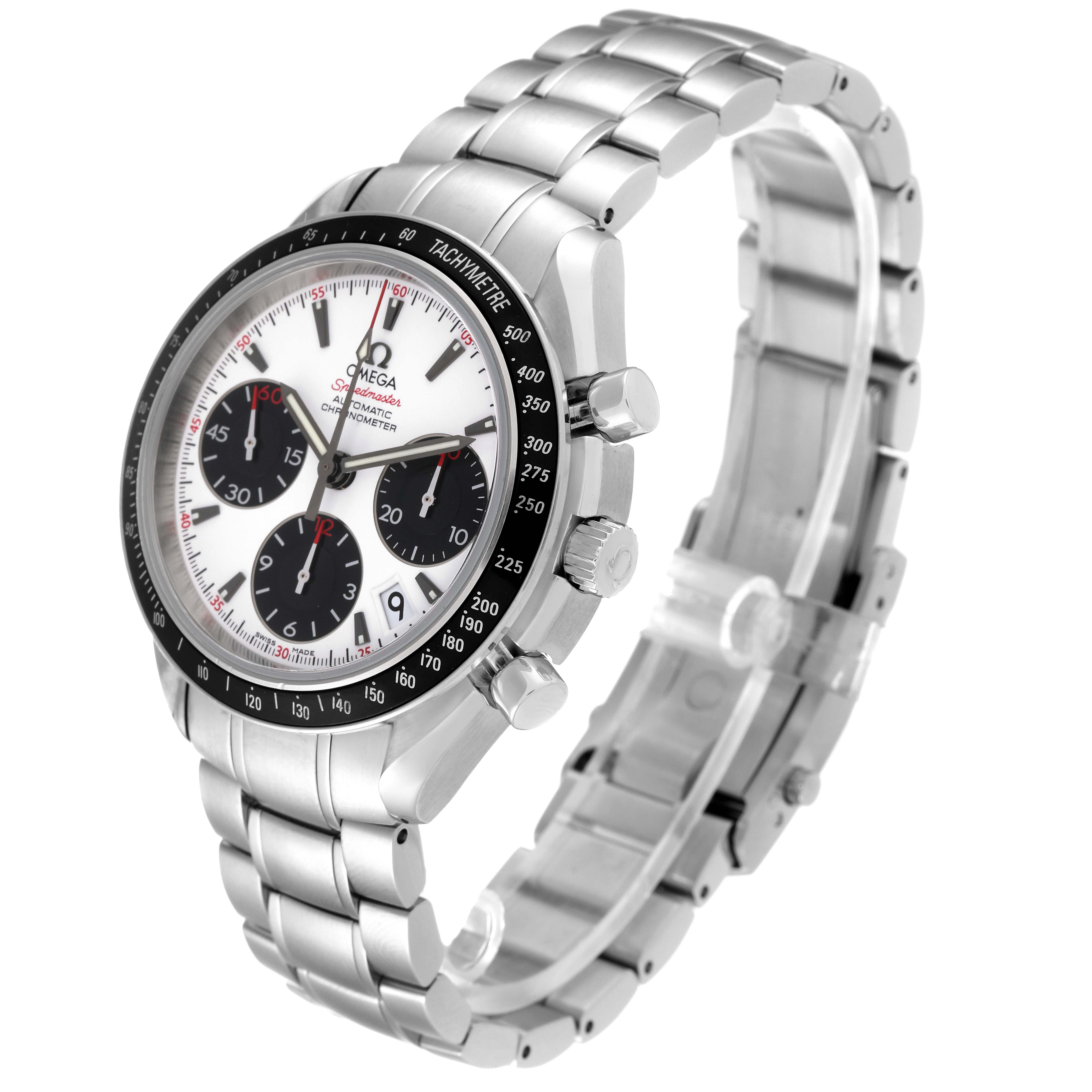 The image shows an angled view of an Omega Speedmaster 323.30.40.40.04.001 Men
s Stainless Steel White Dial 323.30.40.40.04.001 Men
s Stainless Steel White Dial watch, displaying its face, bezel, and metal bracelet.