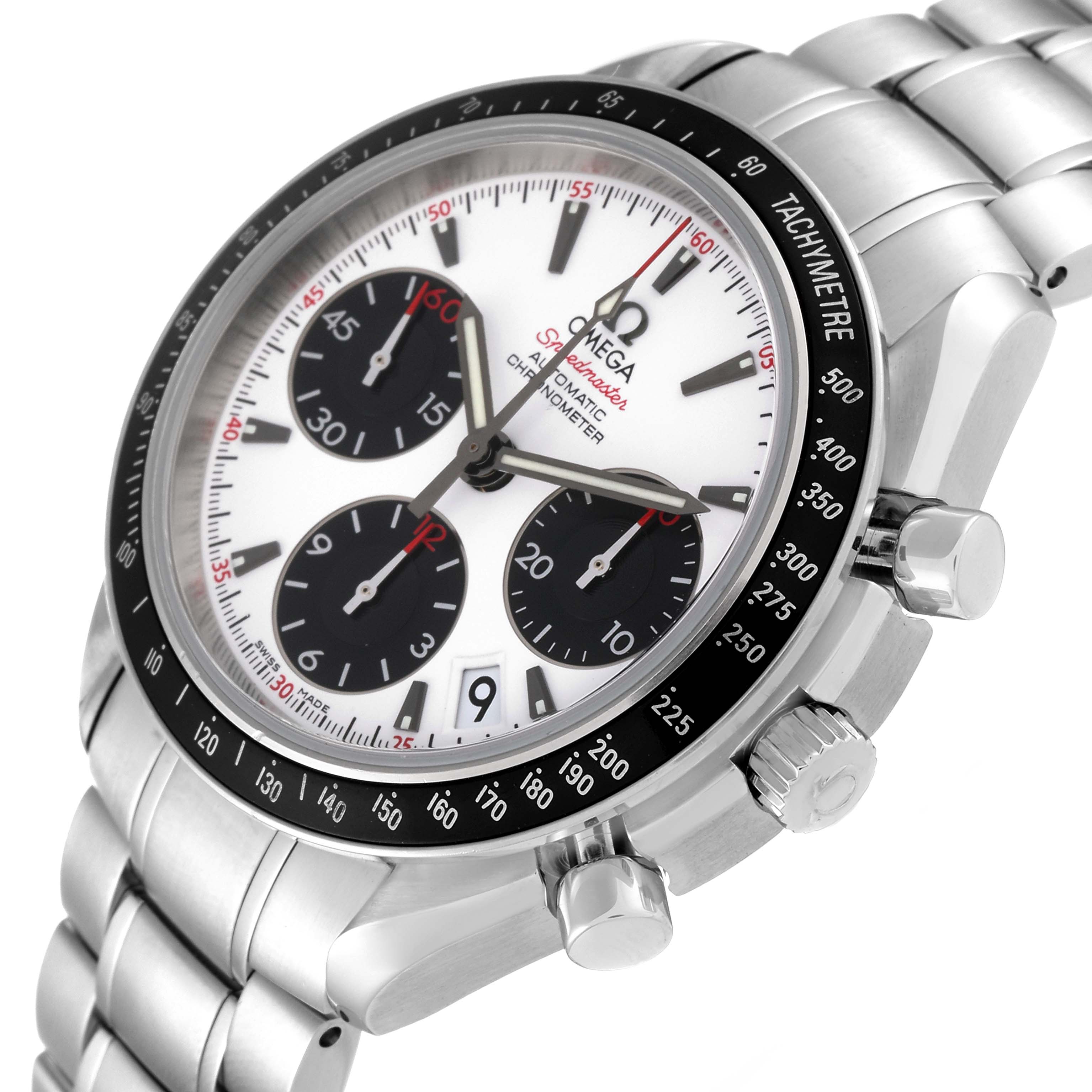 The image shows an Omega Speedmaster 323.30.40.40.04.001 Men
s Stainless Steel White Dial 323.30.40.40.04.001 Men
s Stainless Steel White Dial watch from a three-quarter angle, highlighting its face, chronograph dials, bezel, and bracelet.