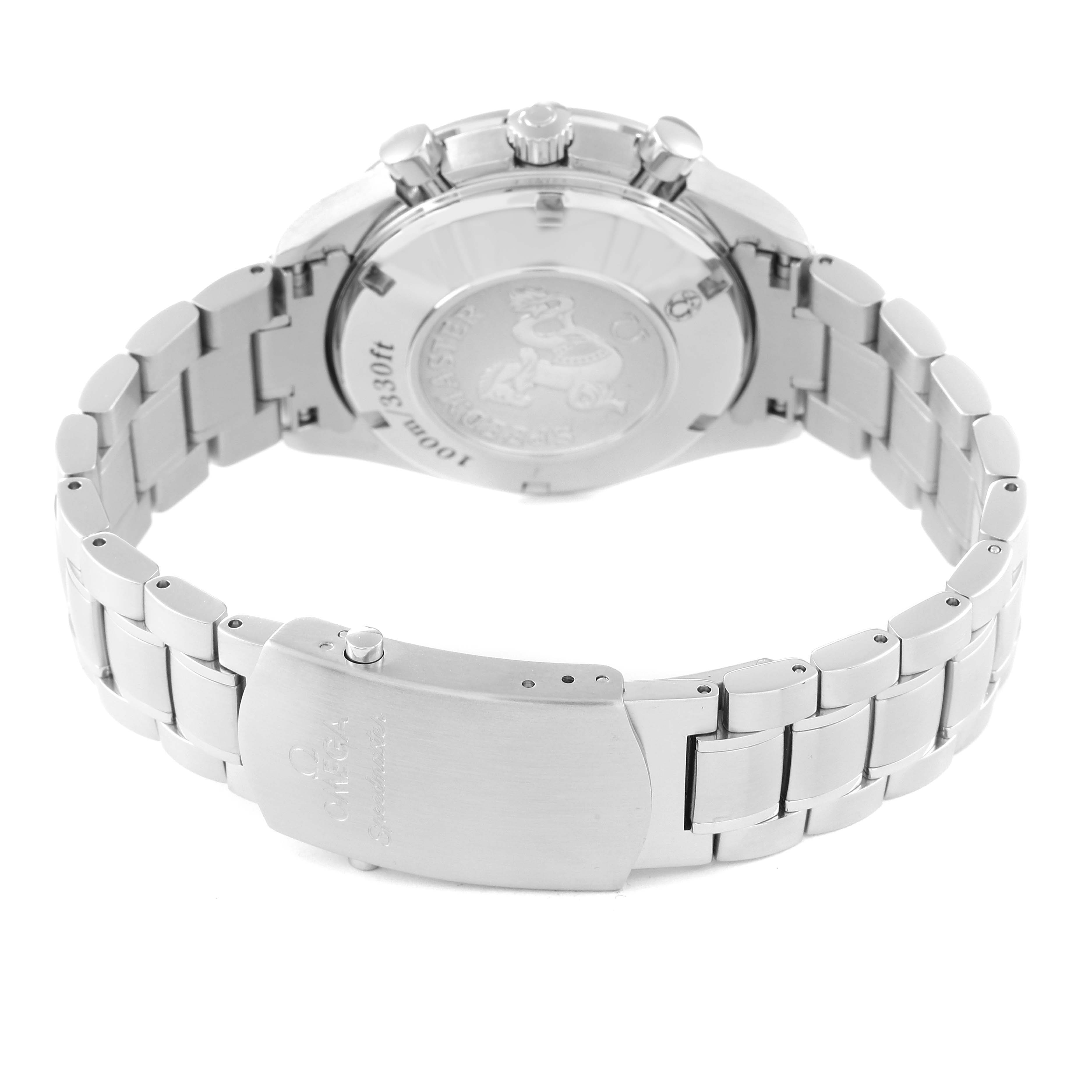 The image shows the rear view of an Omega Speedmaster 323.30.40.40.04.001 Men
s Stainless Steel White Dial 323.30.40.40.04.001 Men
s Stainless Steel White Dial watch, including the case back and the metal bracelet with clasp.