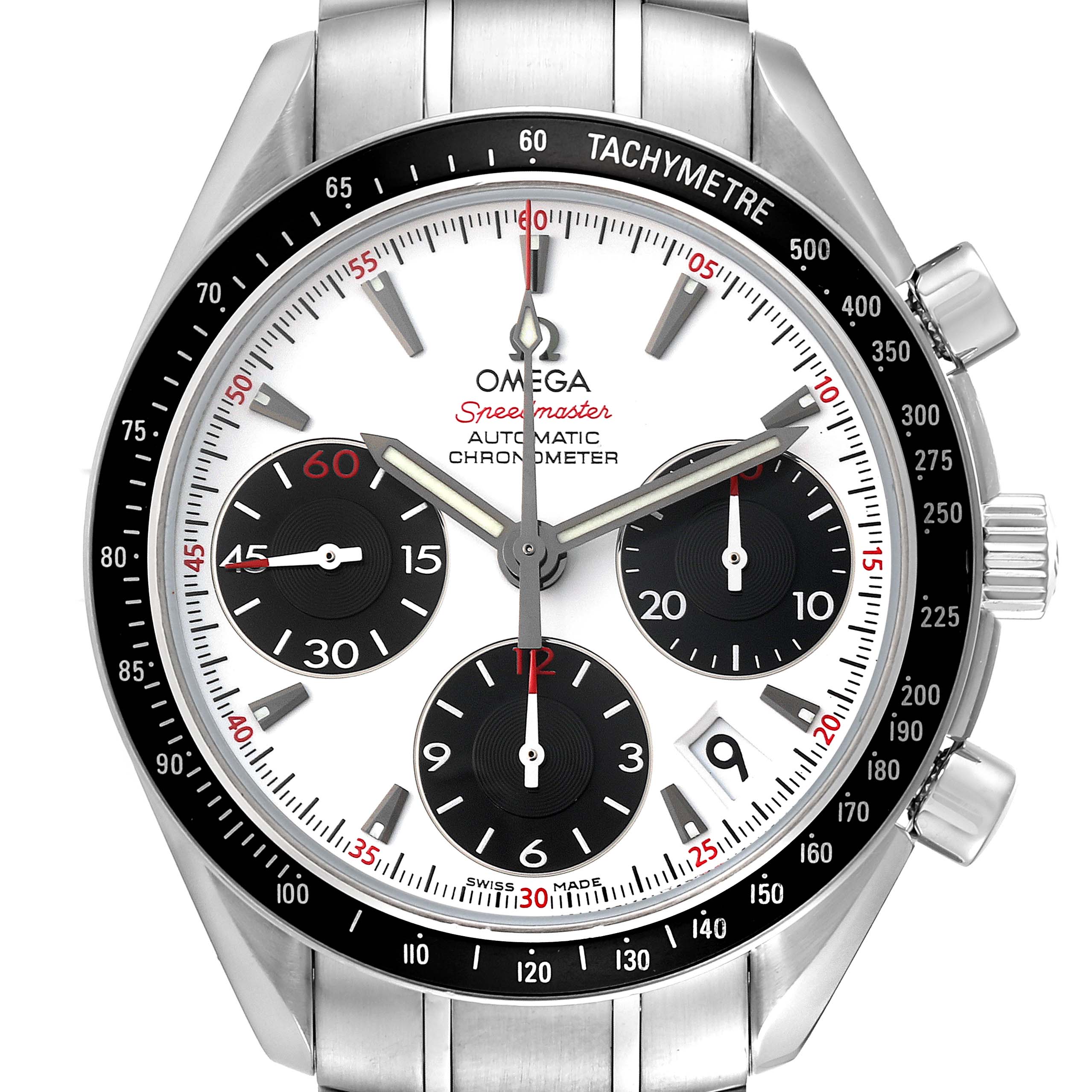 This image shows a front view of the Omega Speedmaster 323.30.40.40.04.001 Men
s Stainless Steel White Dial 323.30.40.40.04.001 Men
s Stainless Steel White Dial, highlighting its dial, subdials, bezel, and crown.