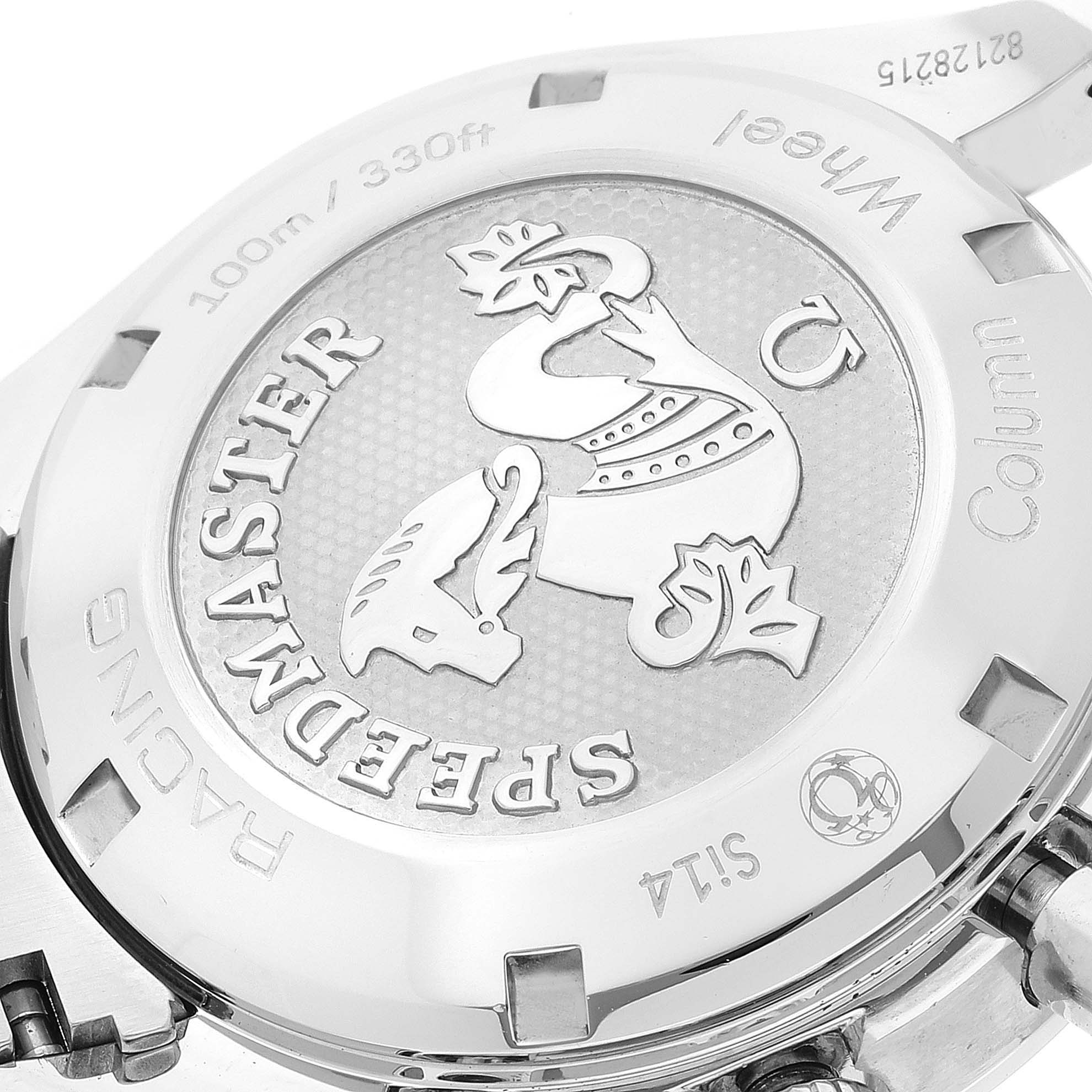 The image shows the back case of an Omega Speedmaster 326.30.40.50.11.001 Men's Stainless Steel Red Dial 326.30.40.50.11.001 Men's Stainless Steel Red Dial watch at a slight angle.