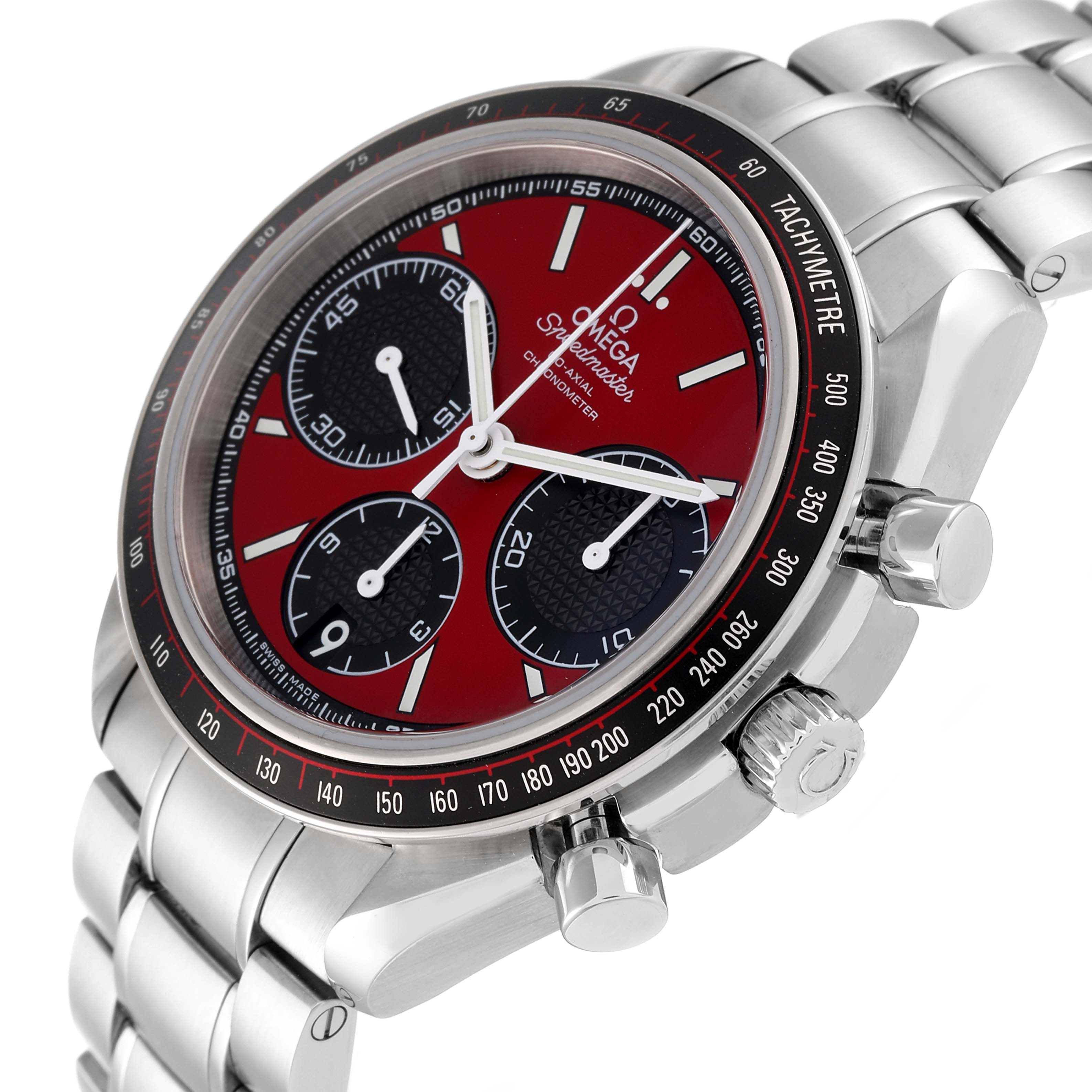 This image shows an angled view of the Omega Speedmaster 326.30.40.50.11.001 Men's Stainless Steel Red Dial 326.30.40.50.11.001 Men's Stainless Steel Red Dial chronograph watch, highlighting its face, bezel, pushers, and bracelet.