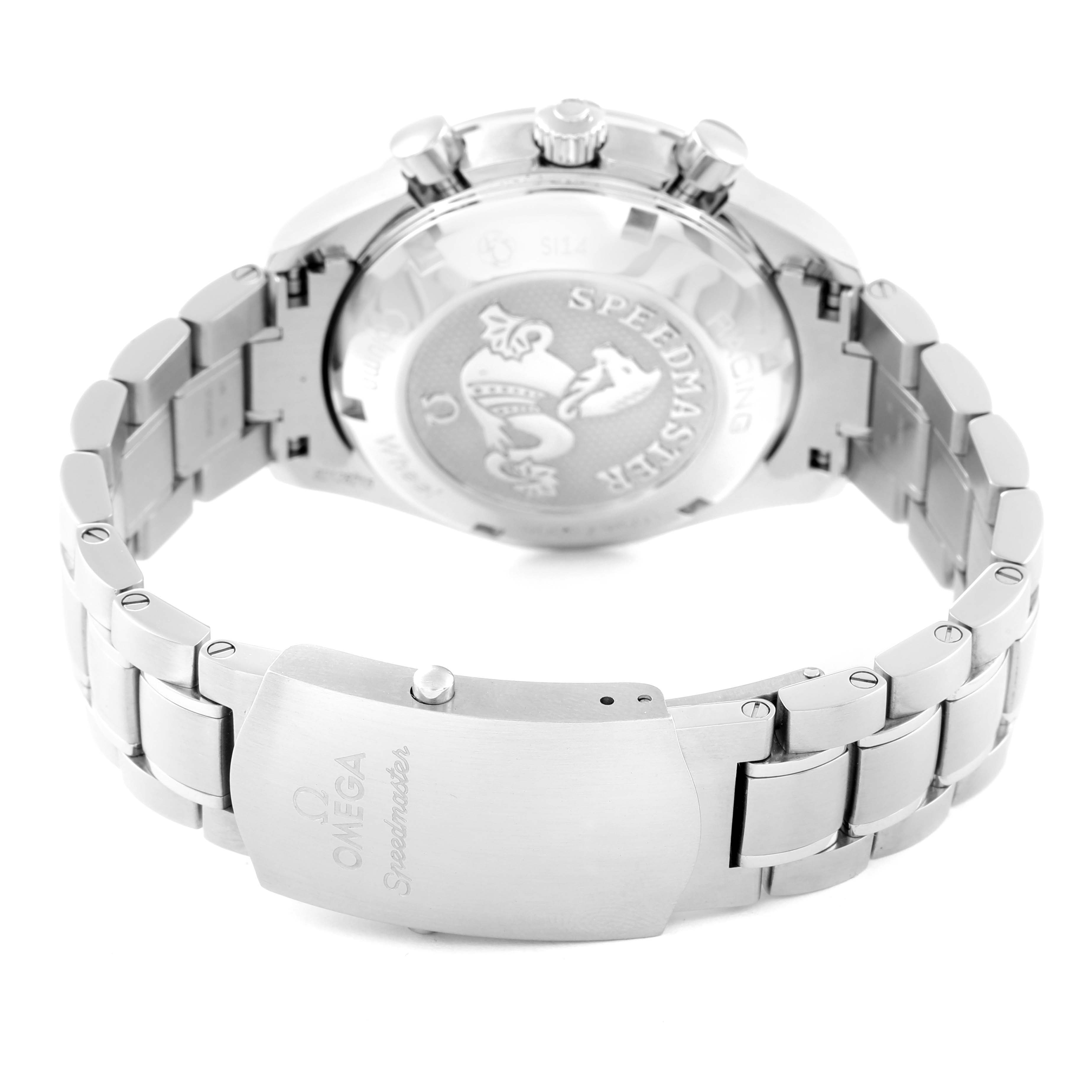 The image shows the back view of an Omega Speedmaster 326.30.40.50.11.001 Men's Stainless Steel Red Dial 326.30.40.50.11.001 Men's Stainless Steel Red Dial watch, highlighting its clasp, bracelet, case back, and some of the control buttons.