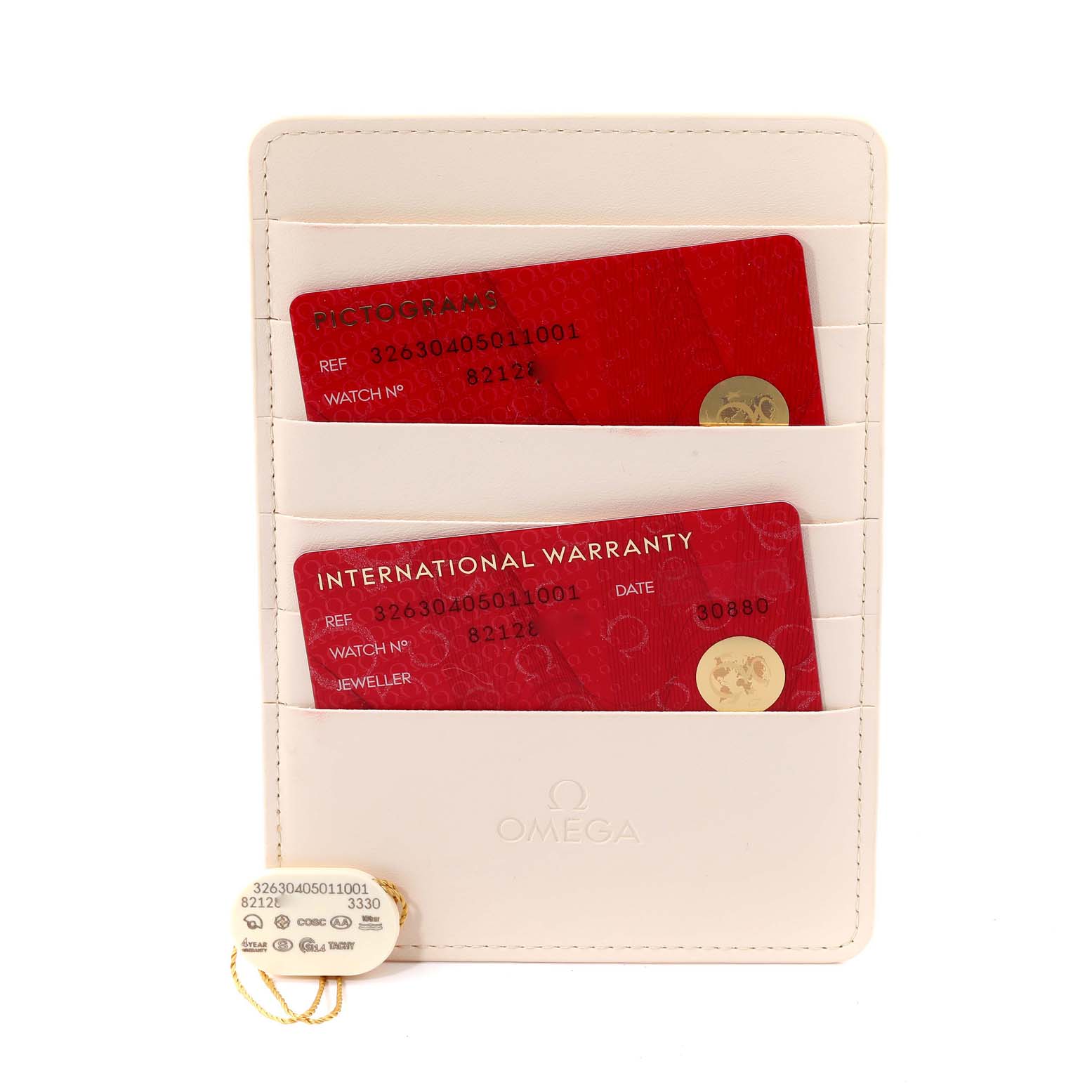 This image shows Omega Speedmaster 326.30.40.50.11.001 Men's Stainless Steel Red Dial 326.30.40.50.11.001 Men's Stainless Steel Red Dial's warranty cards and a pictogram card in a cream-colored cardholder.