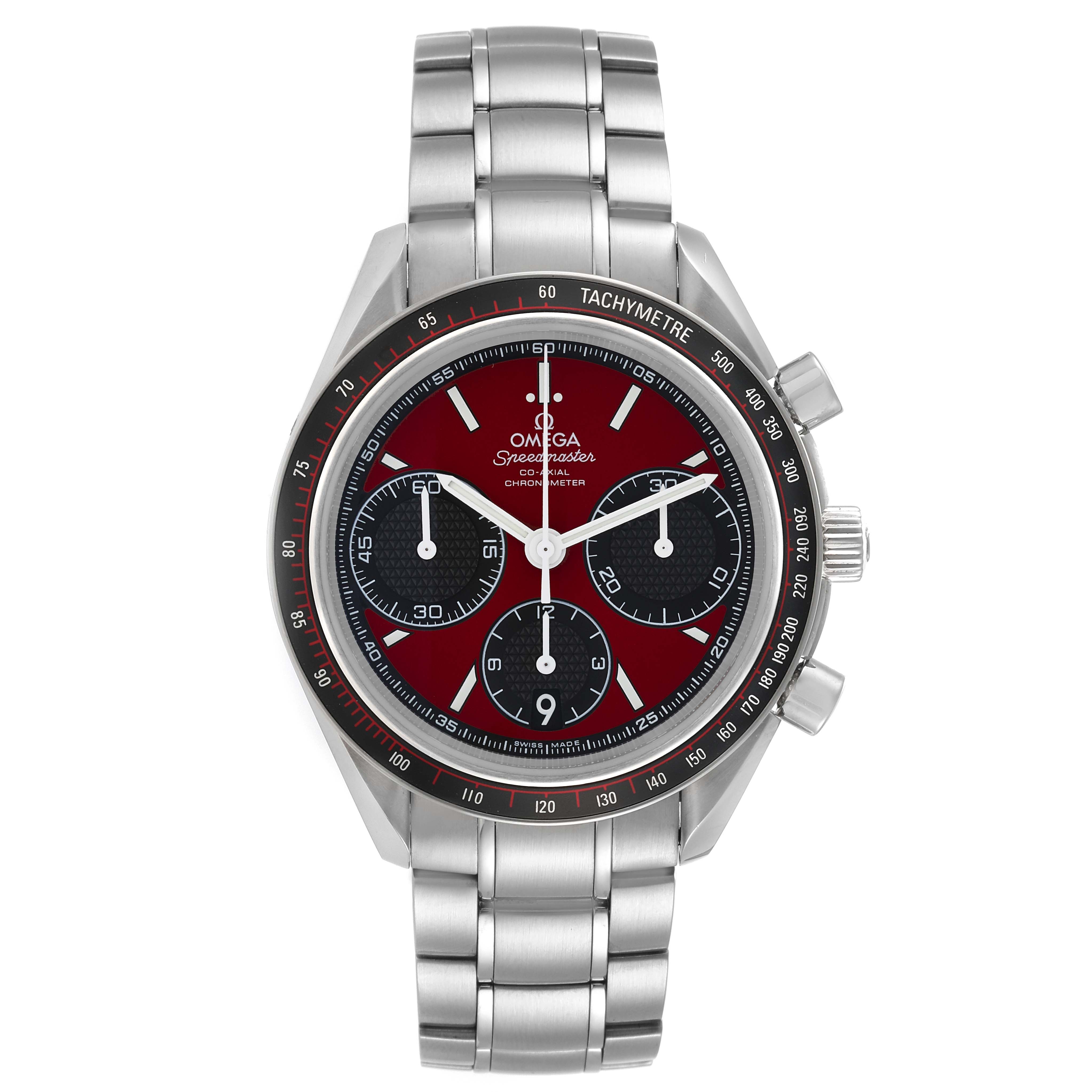 The Omega Speedmaster 326.30.40.50.11.001 Men's Stainless Steel Red Dial 326.30.40.50.11.001 Men's Stainless Steel Red Dial watch is shown in a front view, highlighting its dial, case, buttons, and stainless steel bracelet.