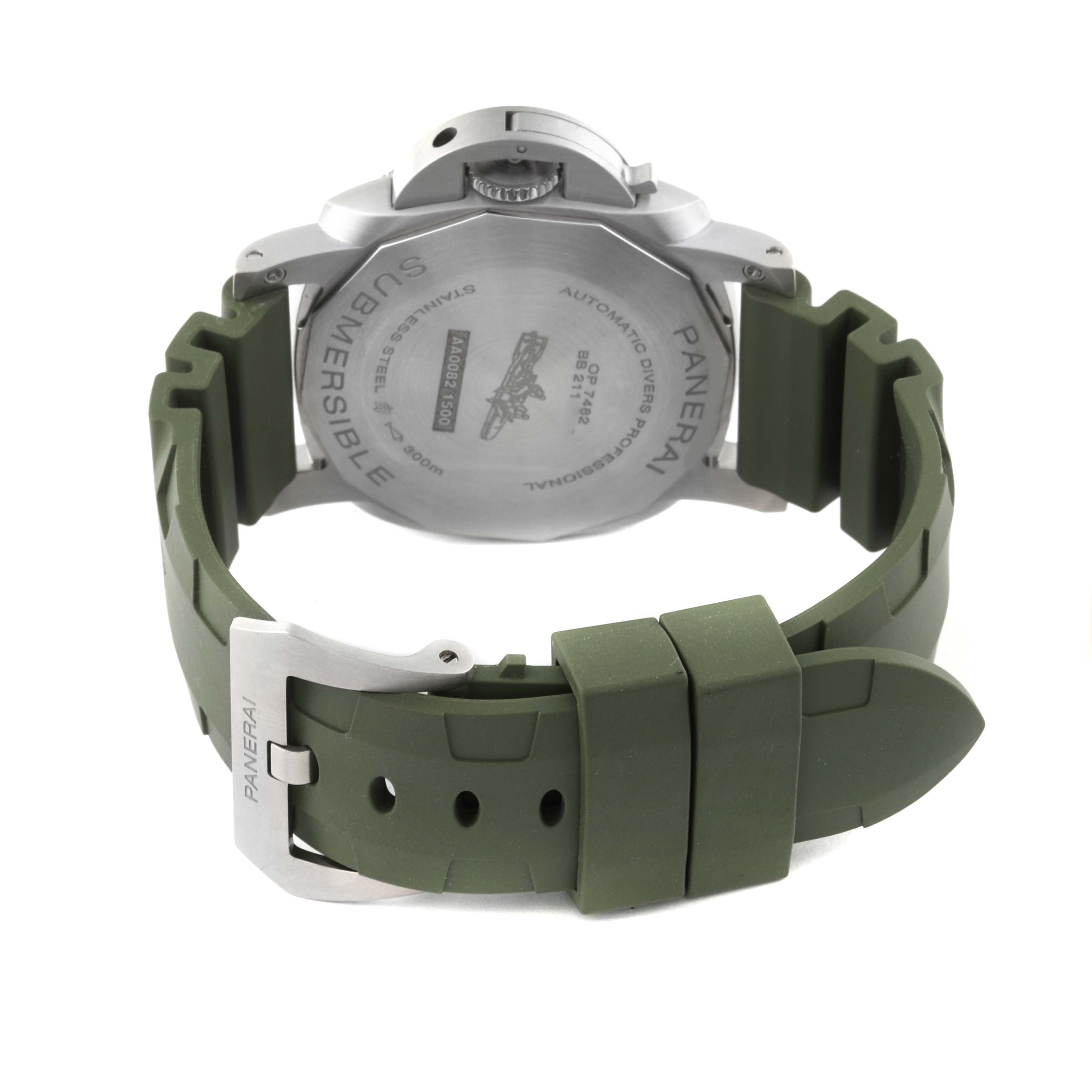 The image shows the back case and green rubber strap of a Panerai Submersible PAM01595 Men's Stainless Steel White Dial PAM01595 Men's Stainless Steel White Dial watch, viewed from a rear angle.