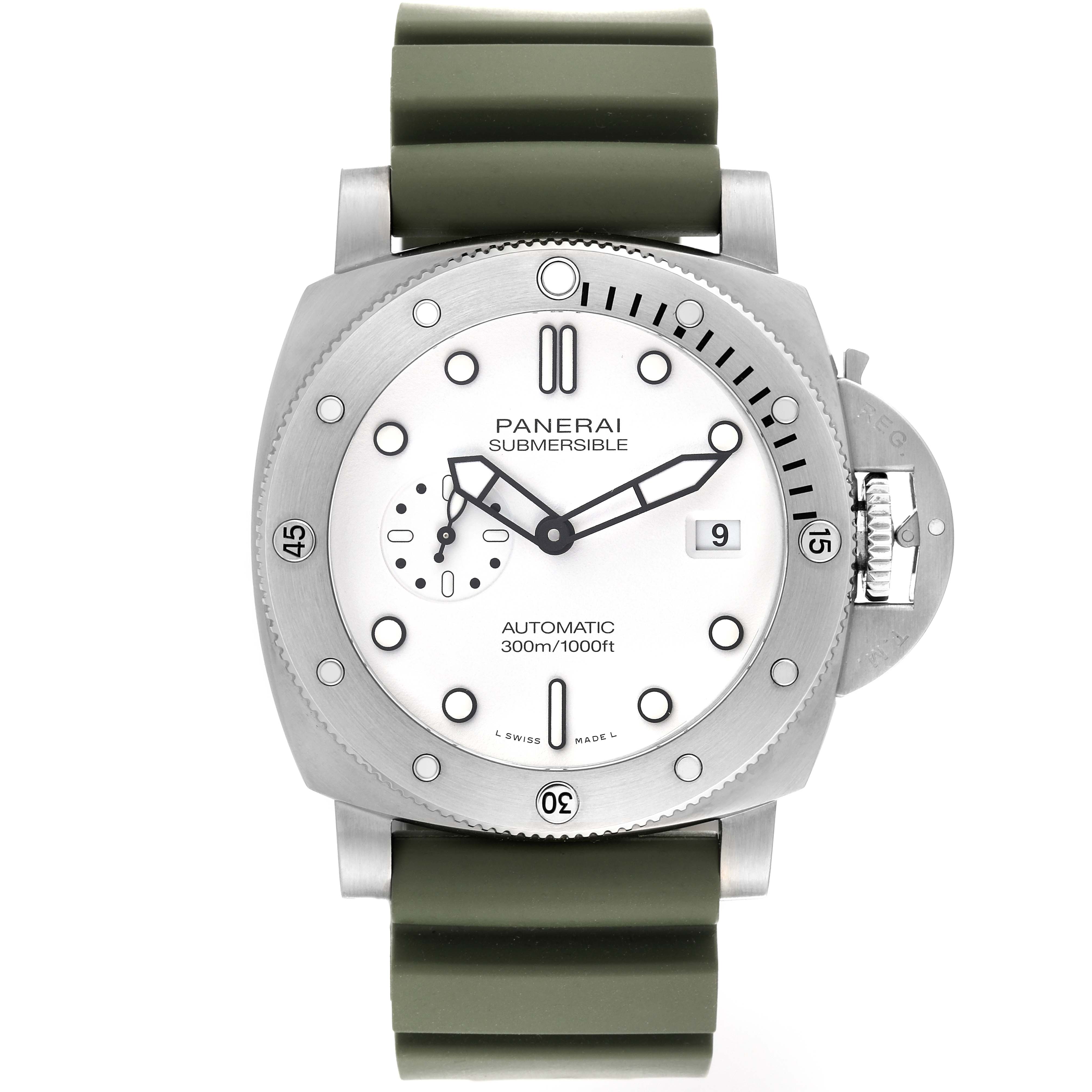 This image shows a front view of the Panerai Submersible PAM01595 Men's Stainless Steel White Dial PAM01595 Men's Stainless Steel White Dial watch, highlighting its white dial, bezel, and green strap.