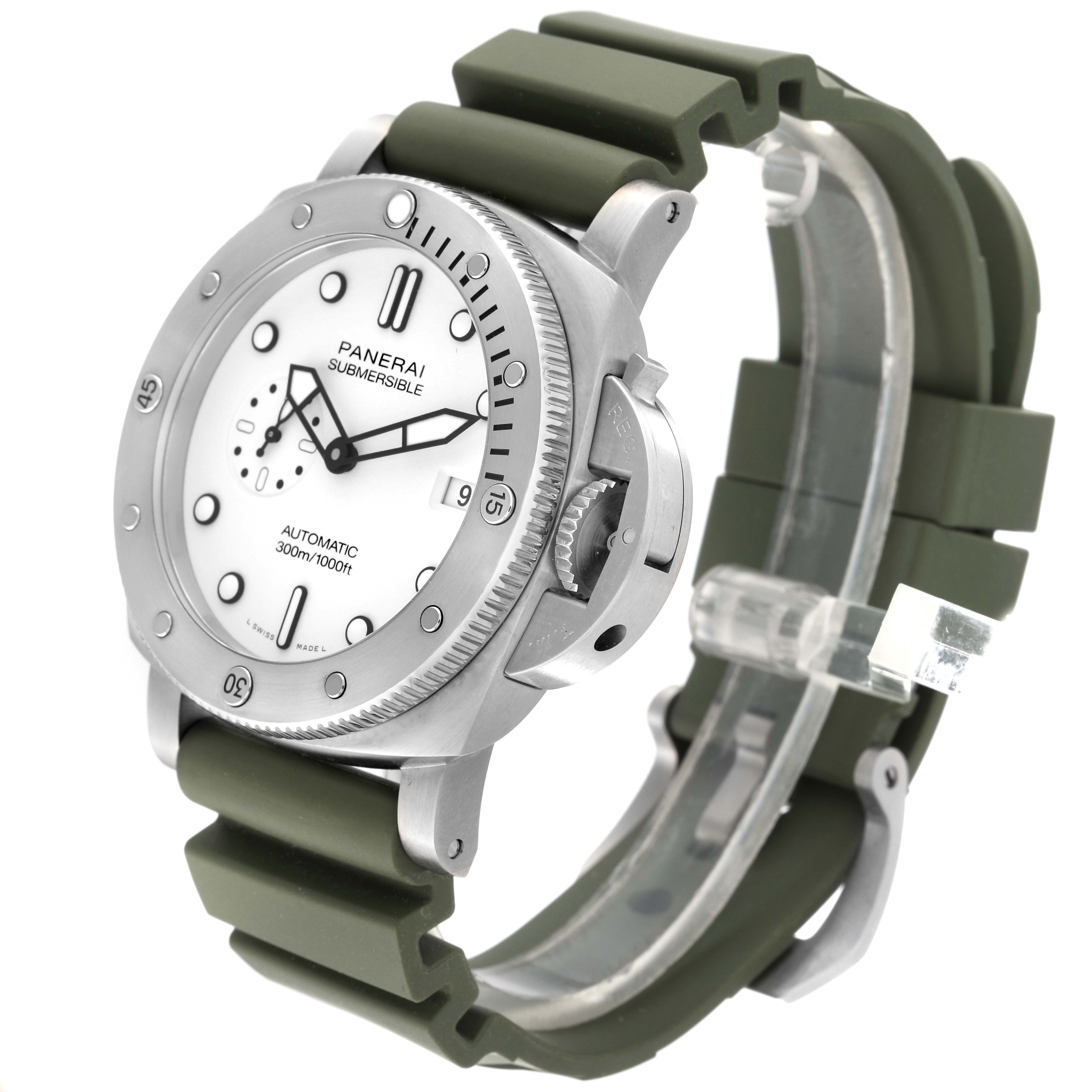 The image shows a side view of the Panerai Submersible PAM01595 Men's Stainless Steel White Dial PAM01595 Men's Stainless Steel White Dial watch, highlighting its white dial, bezel, and green rubber strap.