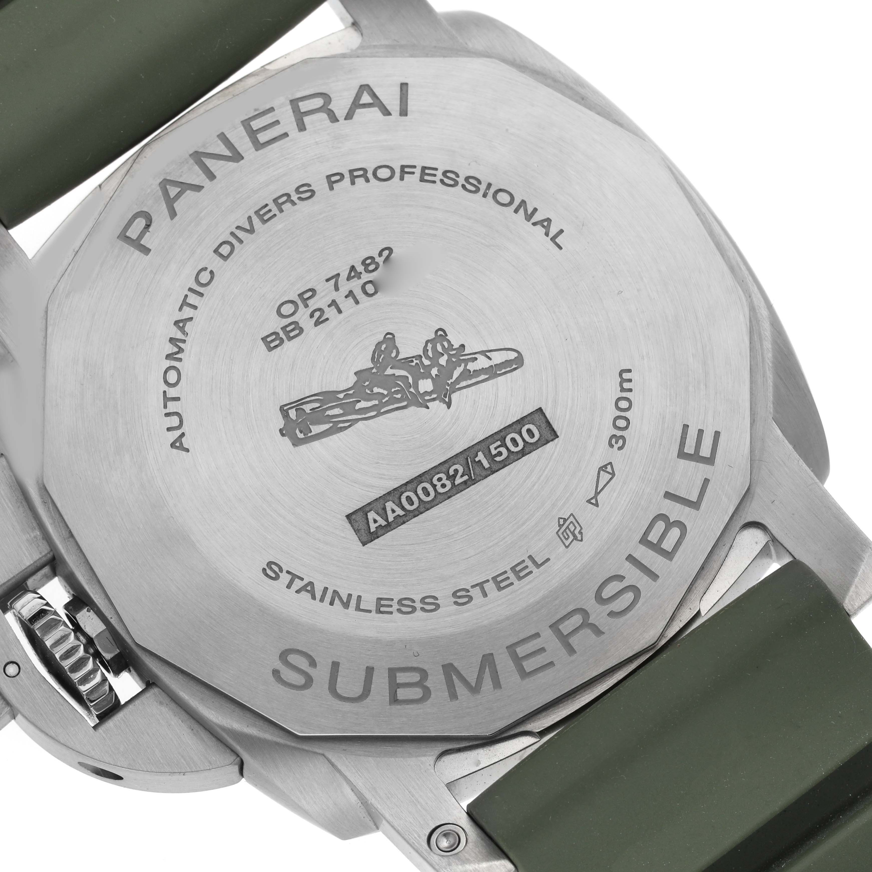 The image shows the case back of the Panerai Submersible PAM01595 Men's Stainless Steel White Dial PAM01595 Men's Stainless Steel White Dial watch, highlighting engravings and part of the green strap.