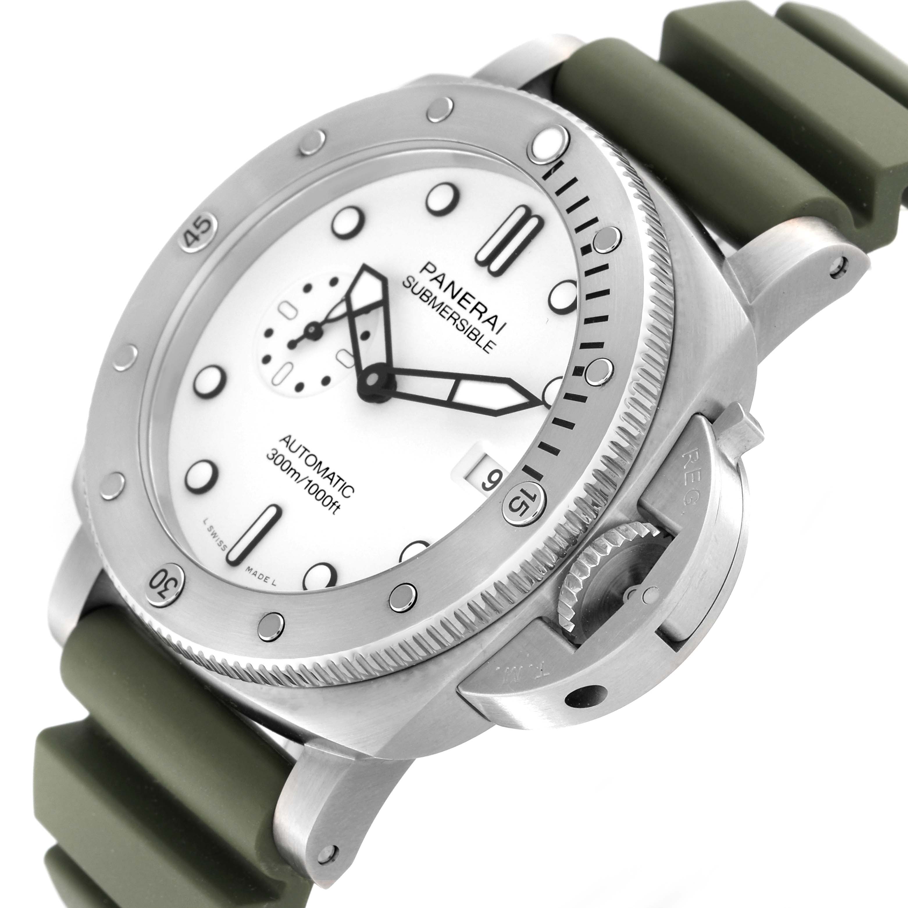 The image shows a Panerai Submersible PAM01595 Men's Stainless Steel White Dial PAM01595 Men's Stainless Steel White Dial watch from a diagonal angle, highlighting the face, bezel, crown guard, and green strap.