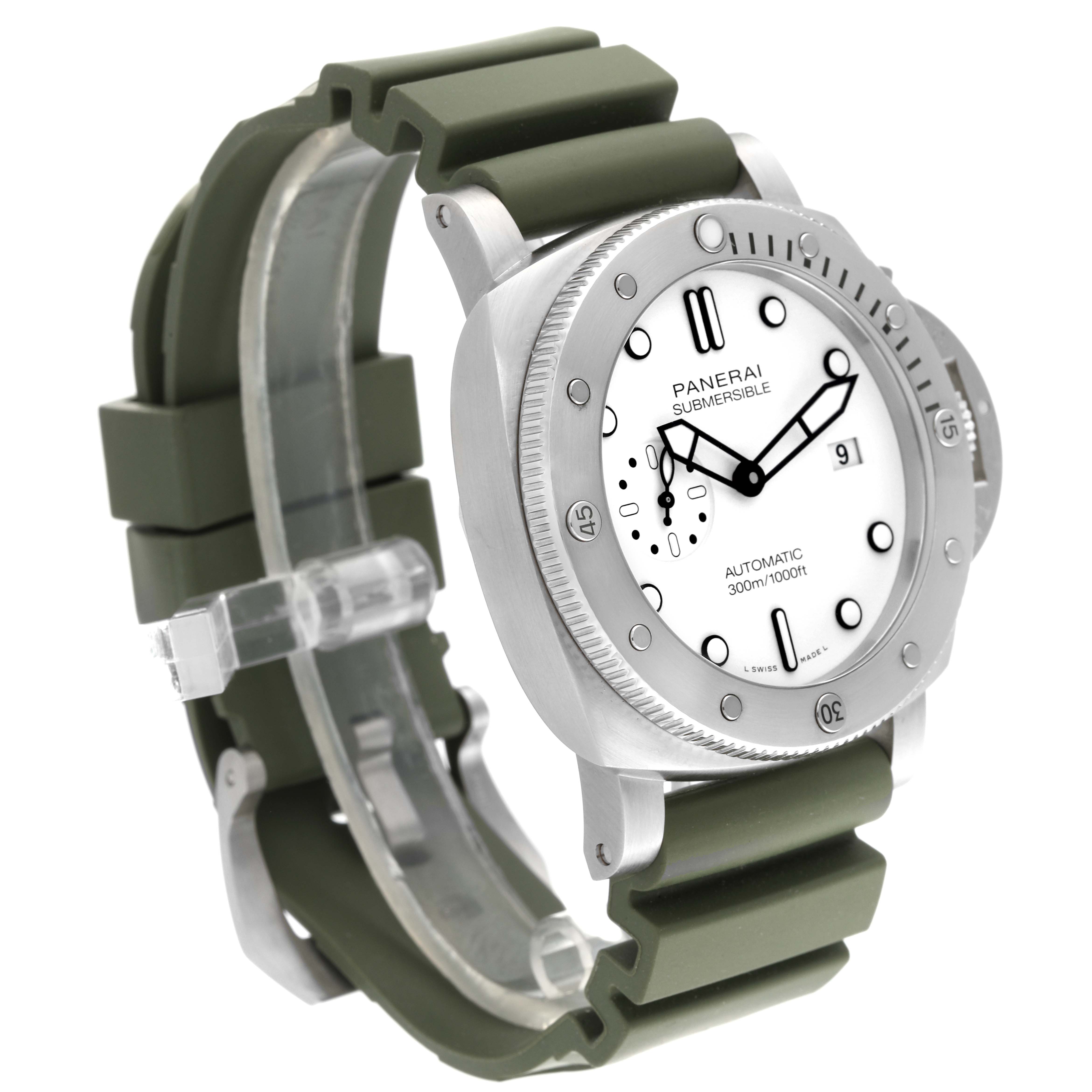 The Panerai Submersible PAM01595 Men's Stainless Steel White Dial PAM01595 Men's Stainless Steel White Dial watch is shown at a three-quarter angle, highlighting its white dial, case, bezel, and green silicone strap.