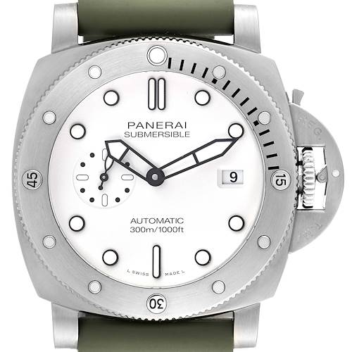 The image shows a front view of a Panerai Submersible watch, displaying the dial, bezel, crown guard, and part of the strap.