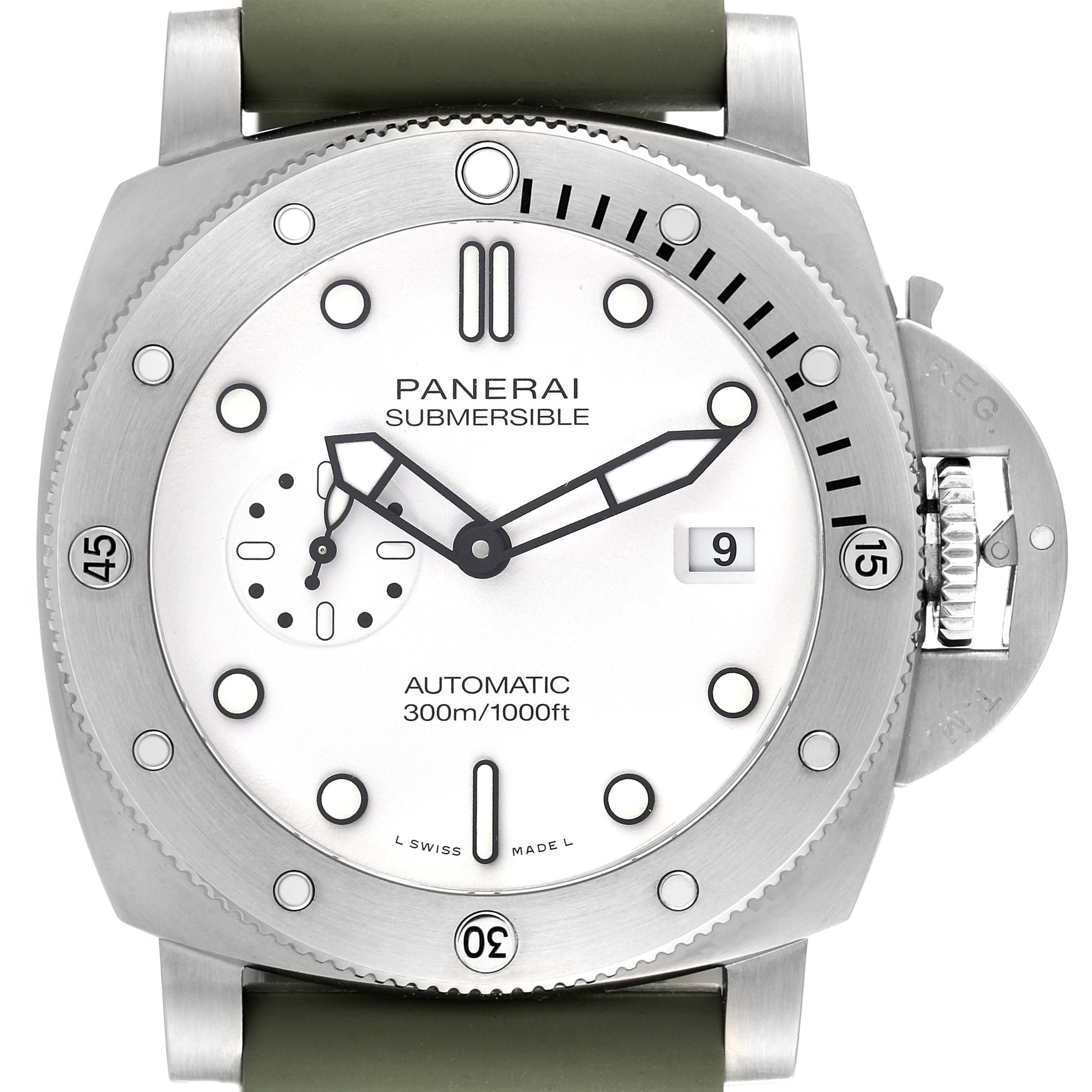 The Panerai Submersible PAM01595 Men's Stainless Steel White Dial PAM01595 Men's Stainless Steel White Dial watch is shown from a front angle, displaying the dial, hands, bezel, crown guard, and part of the strap.