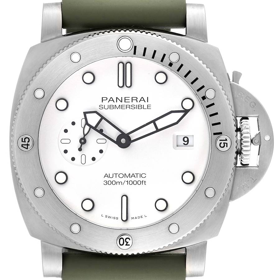 The Panerai Submersible watch is shown from a front angle, displaying the dial, hands, bezel, crown guard, and part of the strap.