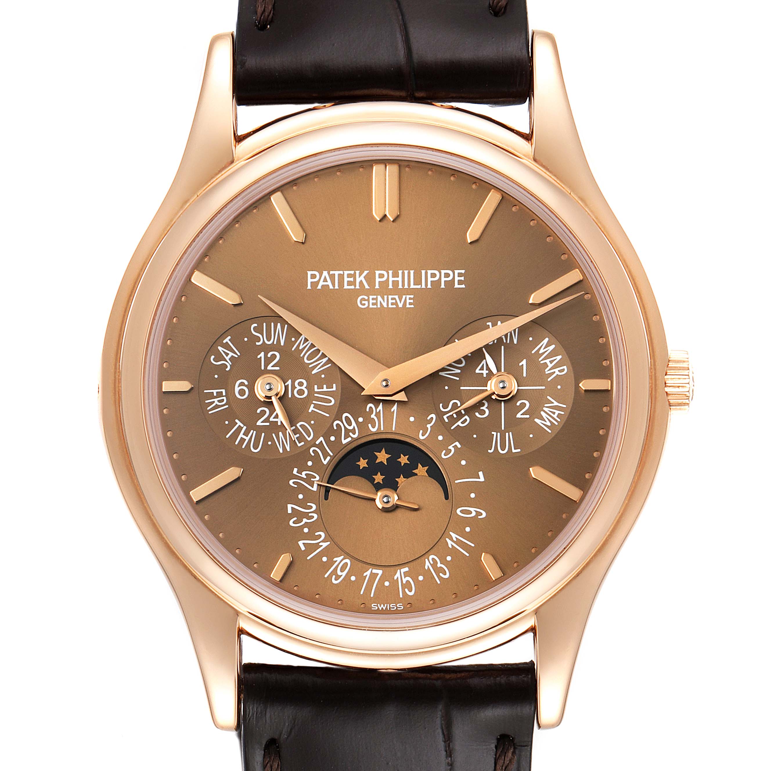 The image shows a front view of the Patek Philippe 5140R-001 Men's Rose Gold Brown Dial 5140R-001 Men's Rose Gold Brown Dial Complicated Perpetual Calendar Rose Gold Mens Watch 5140, displaying its dial and complications.