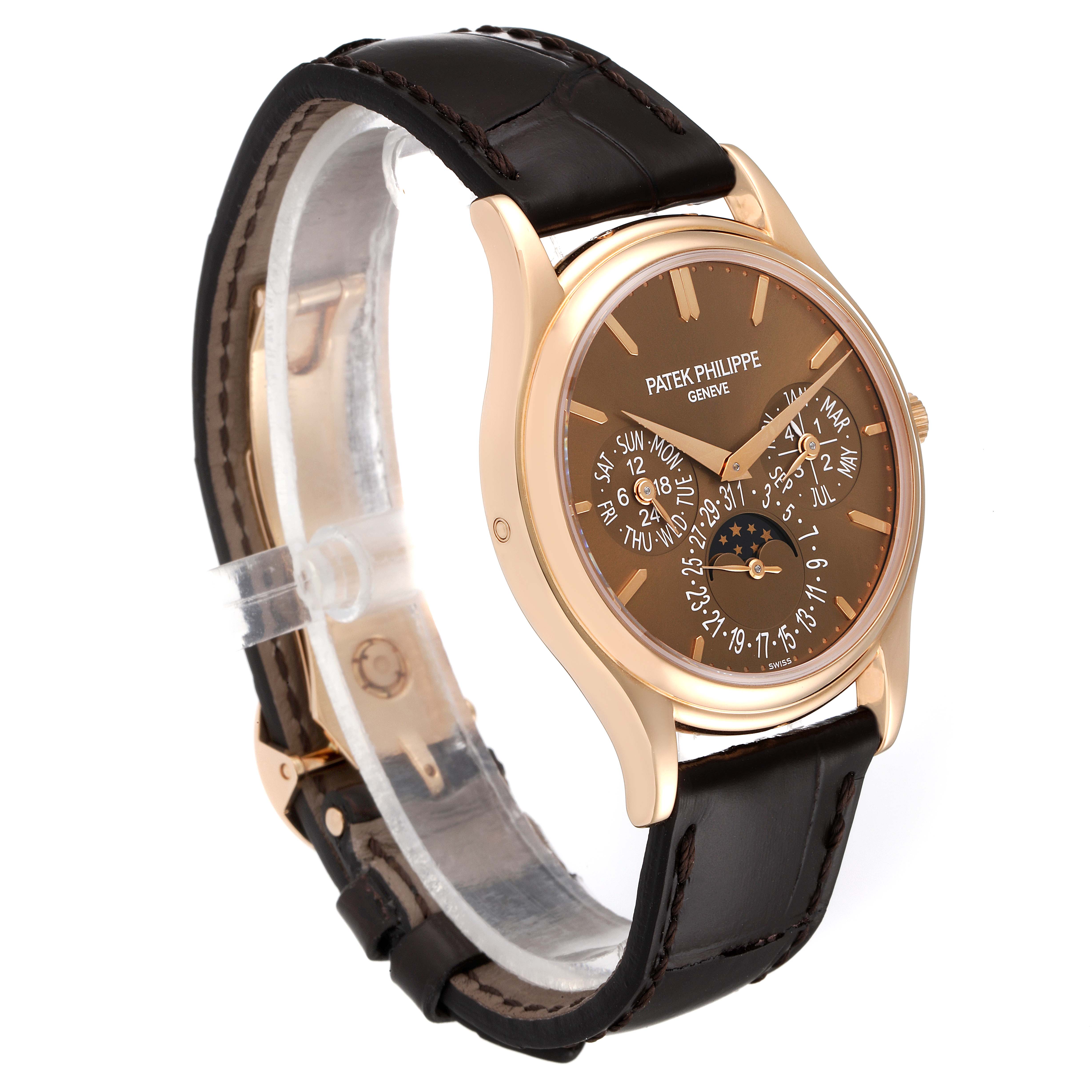 The image shows a Patek Philippe 5140R-001 Men's Rose Gold Brown Dial 5140R-001 Men's Rose Gold Brown Dial Complicated Perpetual Calendar Rose Gold Mens Watch 5140 at an angle displaying the dial, case, and strap.