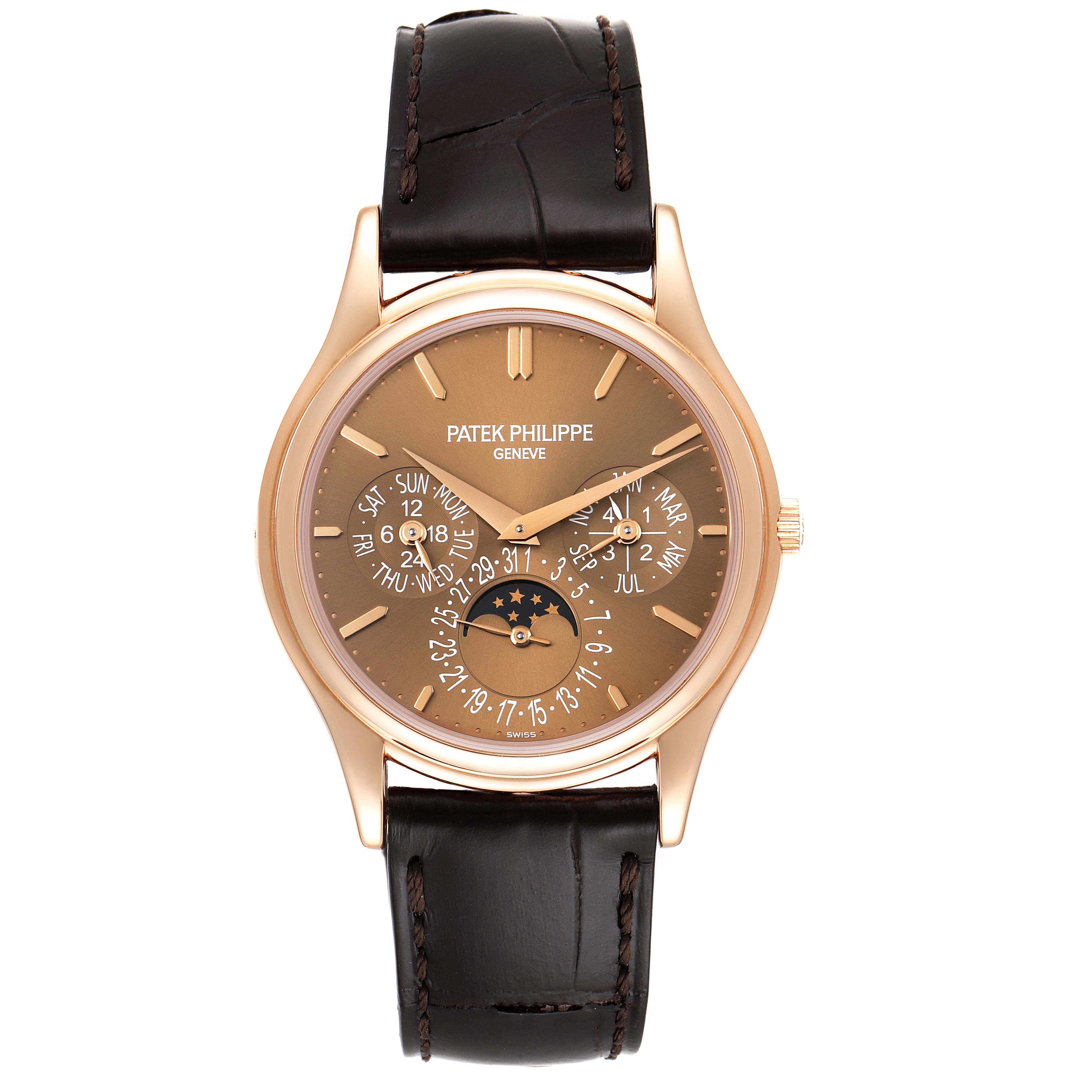 The Patek Philippe 5140R-001 Men's Rose Gold Brown Dial 5140R-001 Men's Rose Gold Brown Dial Complicated Perpetual Calendar Rose Gold Mens Watch 5140 is shown from the front, displaying its dial and leather strap.