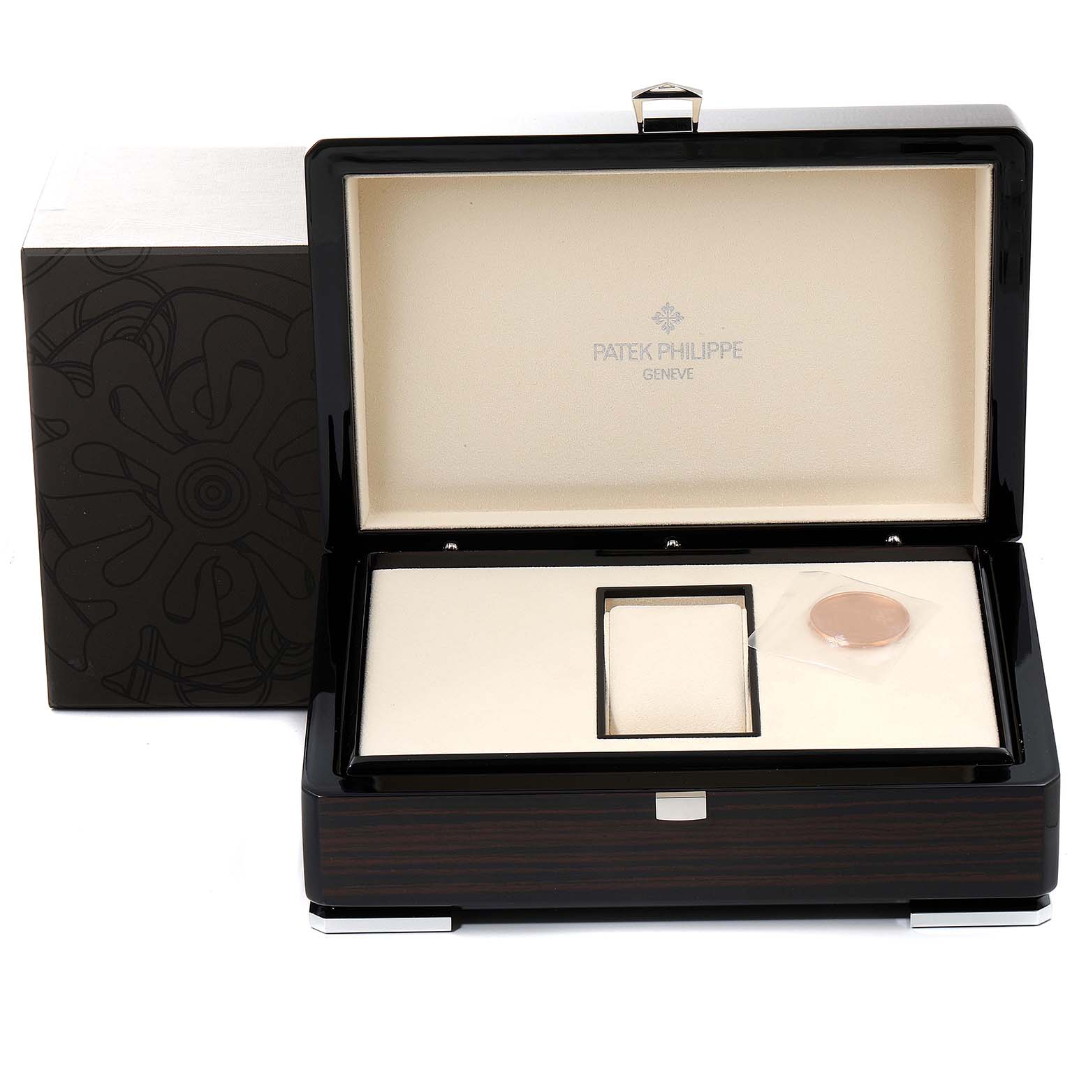 The image shows the open box packaging for a Patek Philippe 5140R-001 Men's Rose Gold Brown Dial 5140R-001 Men's Rose Gold Brown Dial Complicated Perpetual Calendar Rose Gold Mens Watch 5140 model.