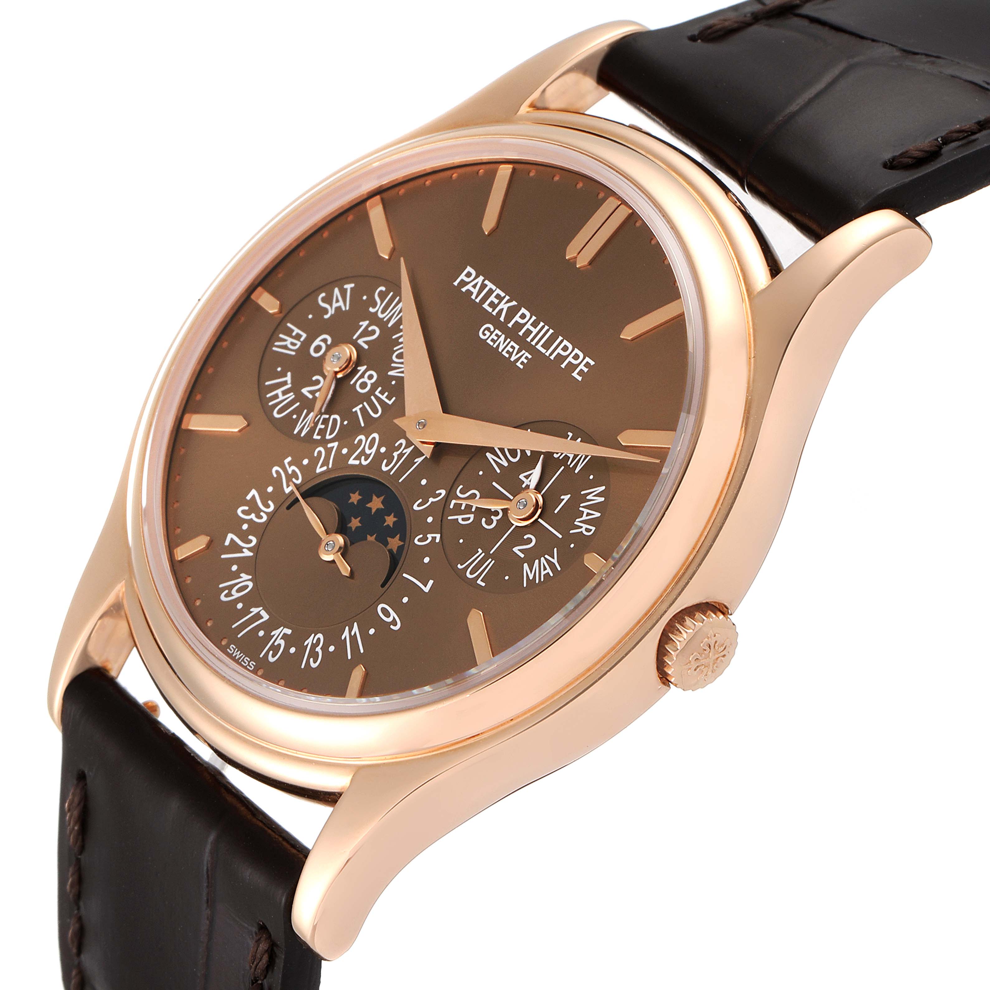 The Patek Philippe 5140R-001 Men's Rose Gold Brown Dial 5140R-001 Men's Rose Gold Brown Dial Complicated Perpetual Calendar Rose Gold Men's Watch 5140 is shown from a front angle highlighting the dial, crown, and strap.