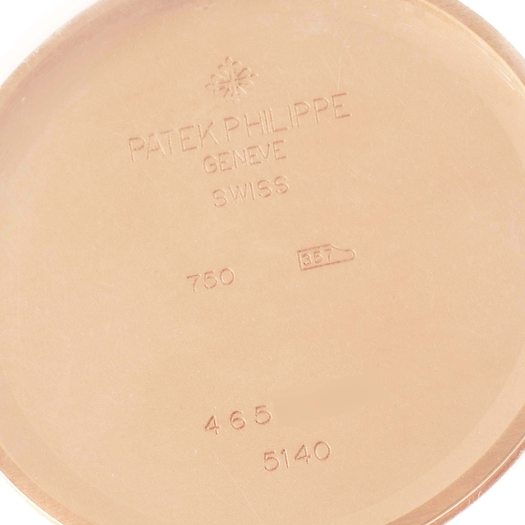 This image shows the inner side of the case back for a Complicated Perpetual Calendar Rose Gold Mens Watch 5140 by Patek Philippe 5140R-001 Men's Rose Gold Brown Dial 5140R-001 Men's Rose Gold Brown Dial.