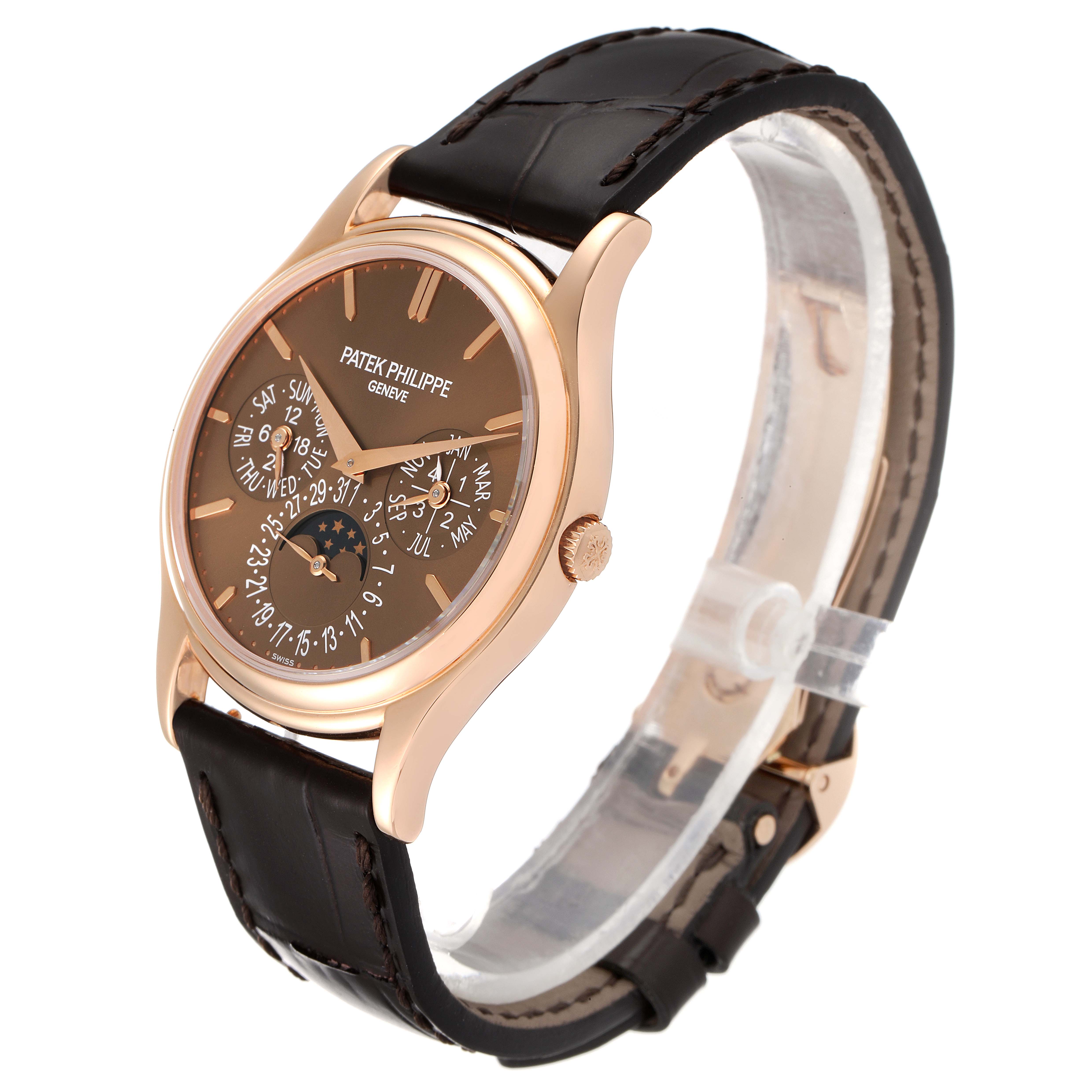The image shows a side and slightly front angle of the Patek Philippe 5140R-001 Men's Rose Gold Brown Dial 5140R-001 Men's Rose Gold Brown Dial Complicated Perpetual Calendar Rose Gold Men's Watch 5140 model.