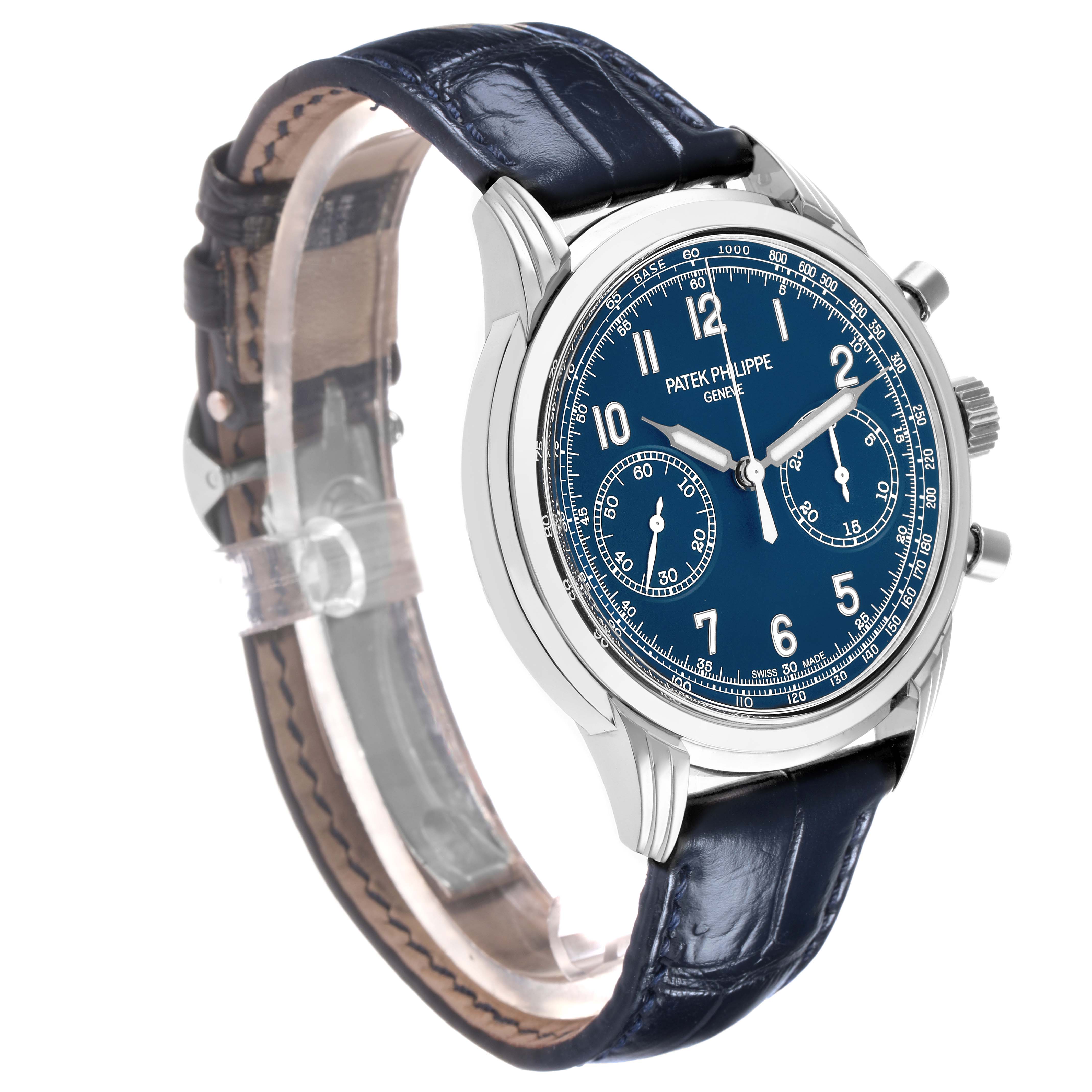 The image shows a Patek Philippe Complications 5172G Men
s White Gold Black Dial watch at a three-quarter angle, highlighting the face, dial, case, and strap.