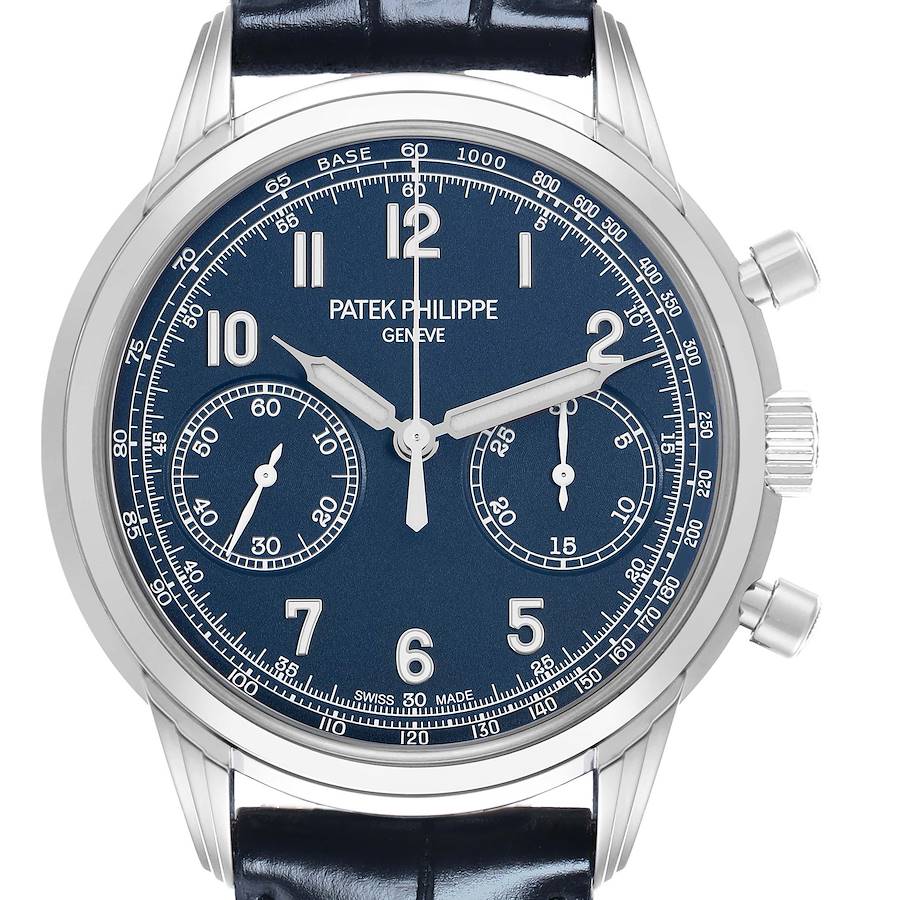 The Patek Philippe Complications 5172G Men's White Gold Black Dial watch is shown from the front, detailing the dial, subdials, crown, and pushers.