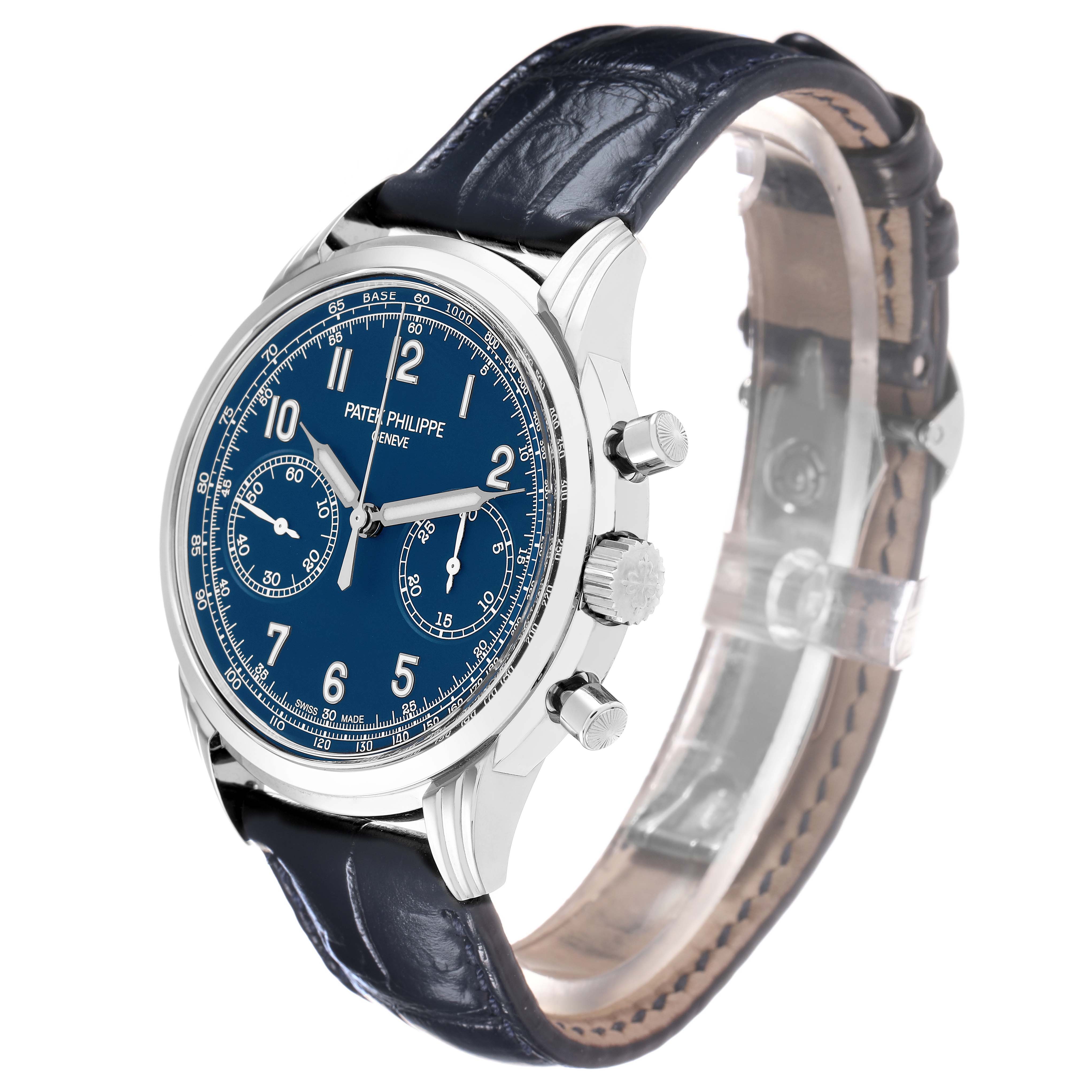 The Patek Philippe Complications 5172G Men
s White Gold Black Dial watch is shown at an angle displaying the face, side pushers, crown, and leather strap.