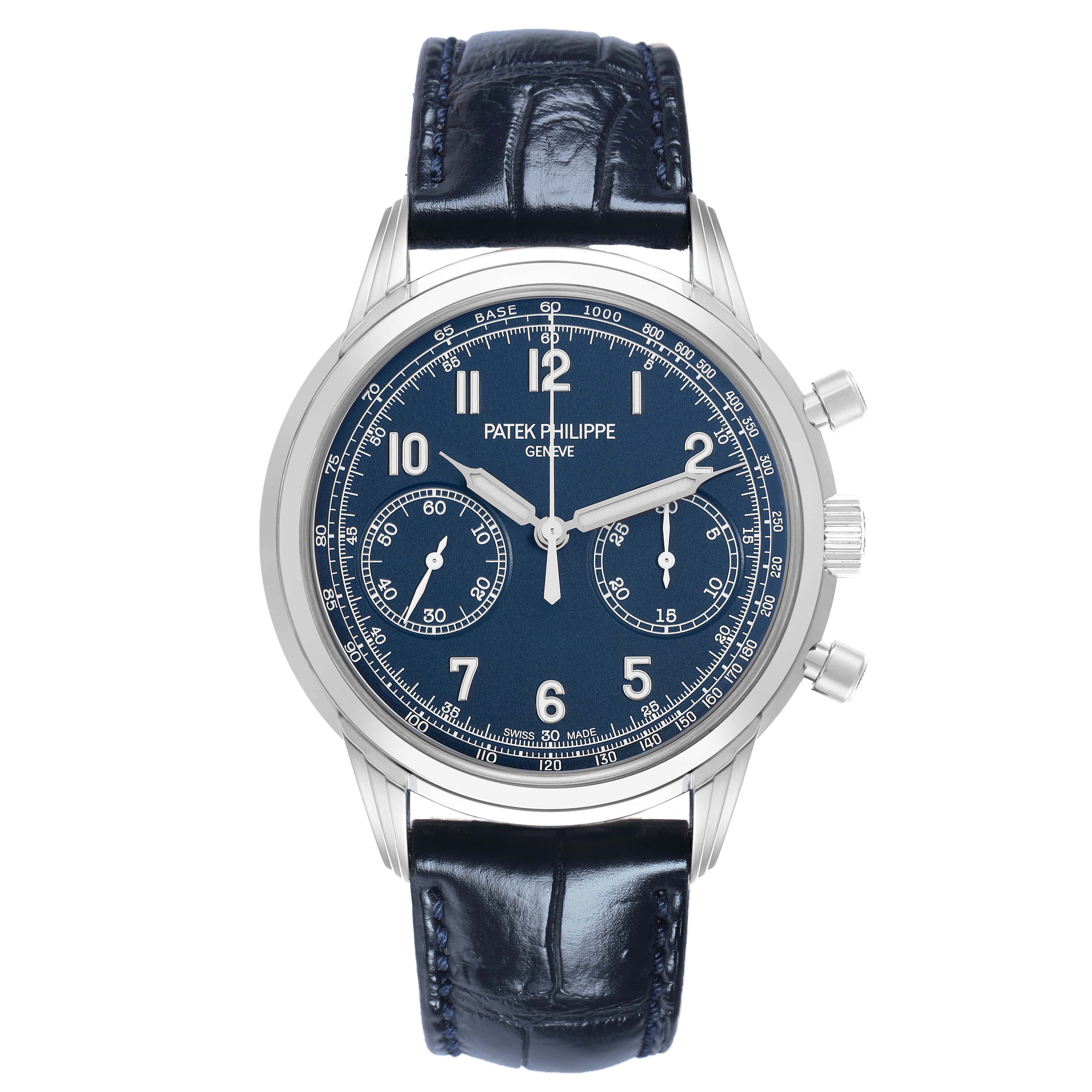 The Patek Philippe Complications 5172G Men
s White Gold Black Dial watch is shown from a front angle, highlighting its blue dial, subdials, and leather strap.