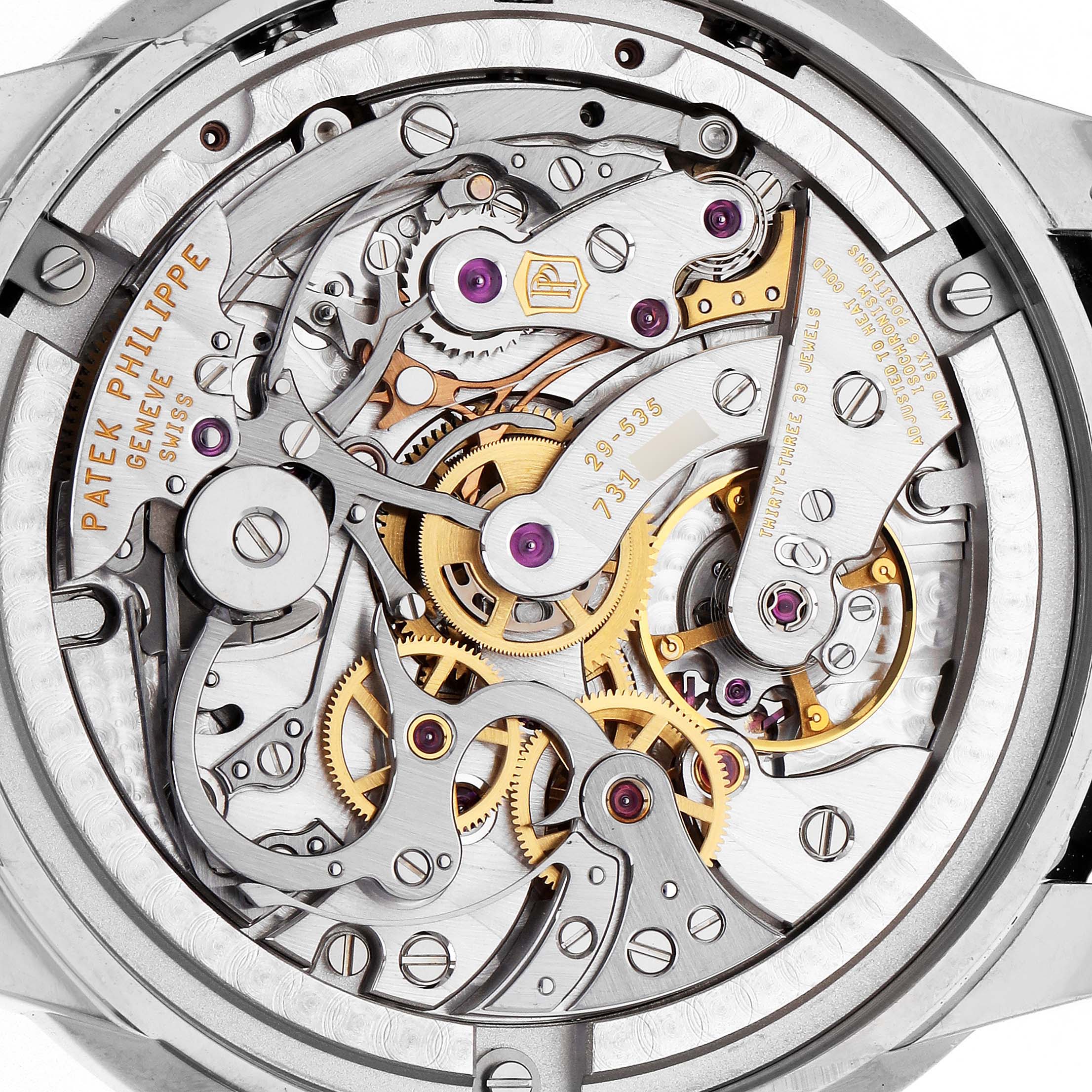 The image shows the intricate movement of a Patek Philippe Complications 5172G Men
s White Gold Black Dial watch, viewed from the back.