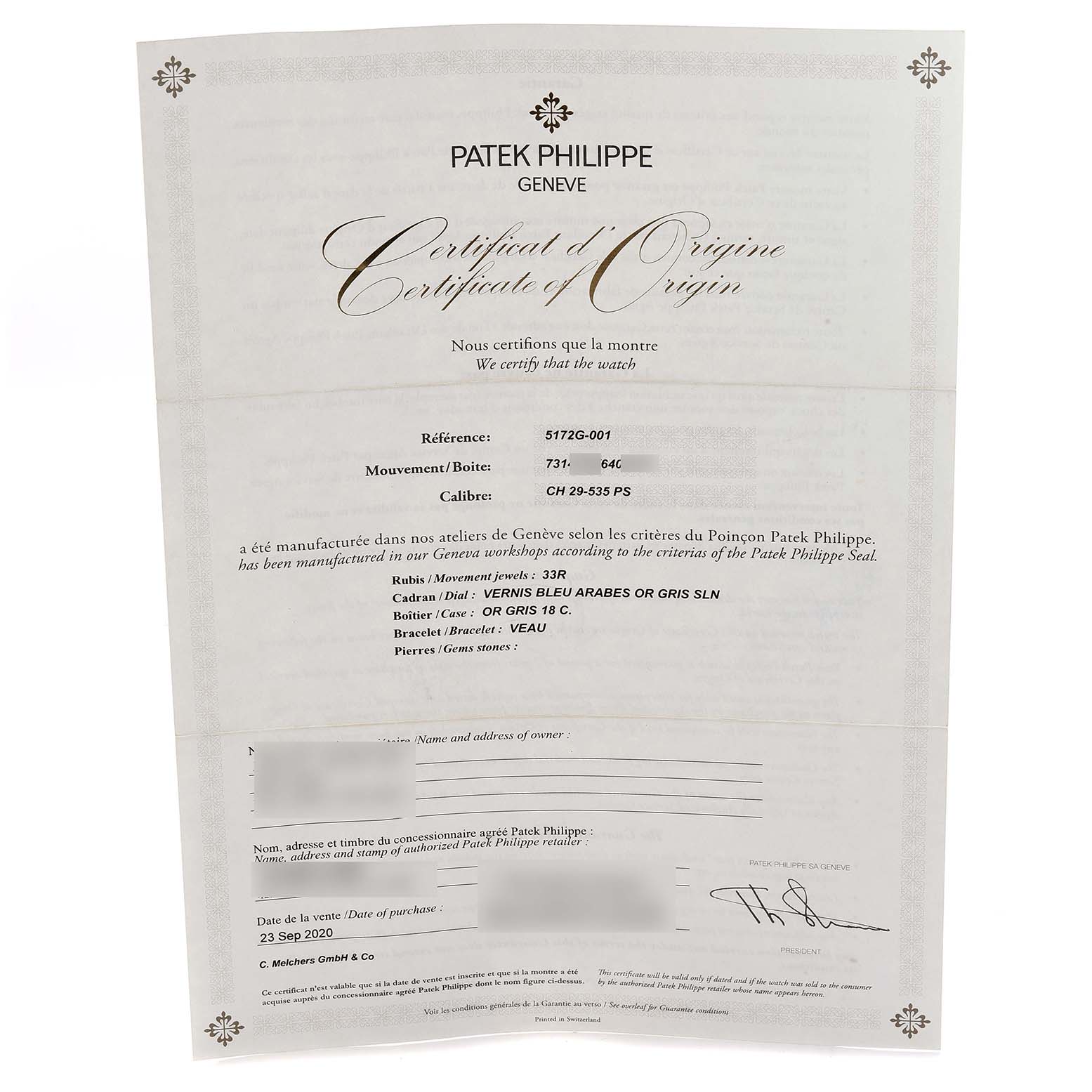 This image shows the Certificate of Origin for a Patek Philippe Complications 5172G Men
s White Gold Black Dial model, not the watch itself.