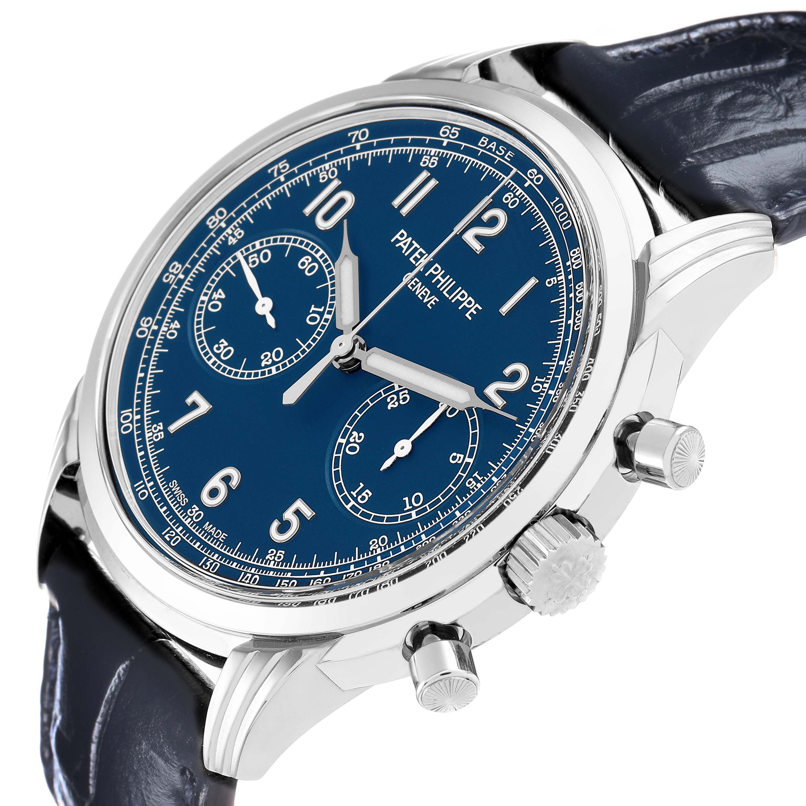 The Patek Philippe Complications 5172G Men
s White Gold Black Dial watch is shown at an angle highlighting the crown, pushers, and blue dial with subdials.