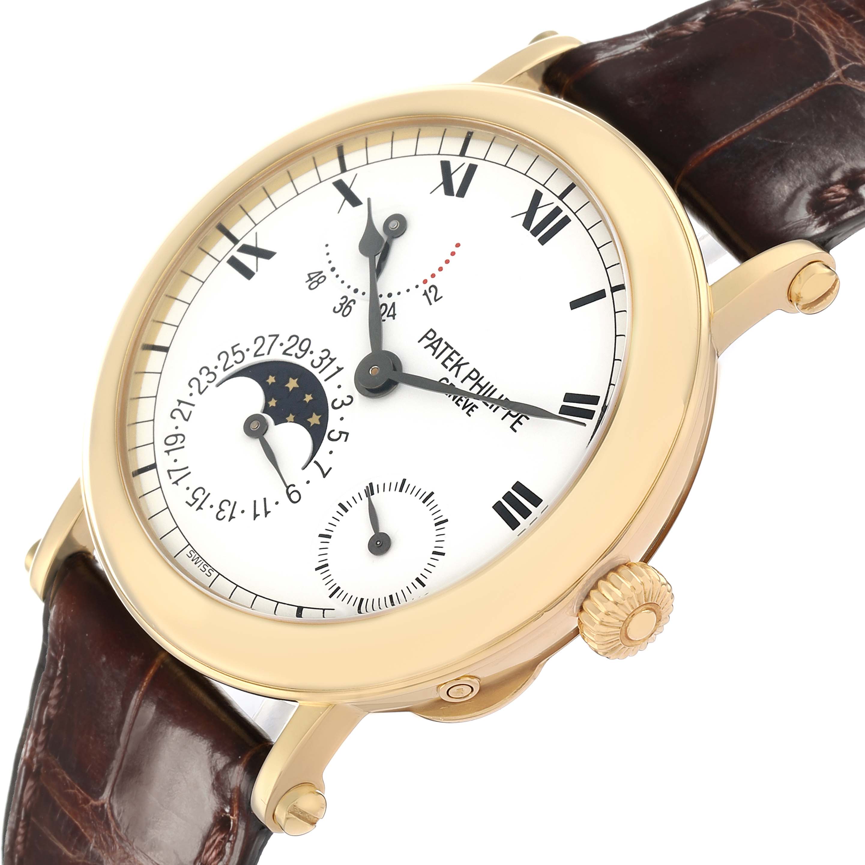 The Patek Philippe Complications 5054 Men
s Yellow Gold White Dial watch is shown at a slight angle, displaying the face, crown, and part of the leather strap.