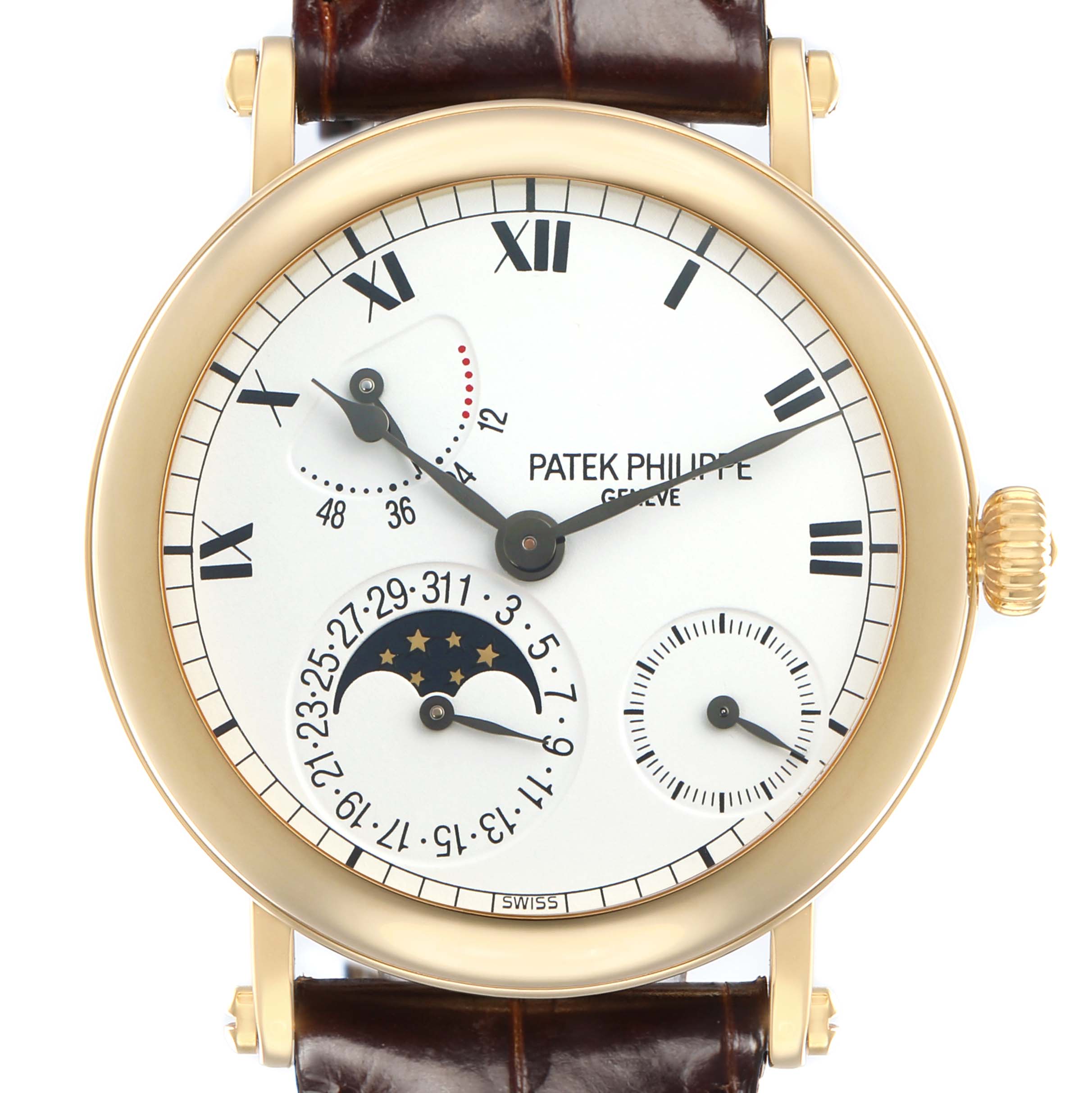 The Patek Philippe Complications 5054 Men
s Yellow Gold White Dial watch is shown from the front, displaying the dial with moon phase and subdials.