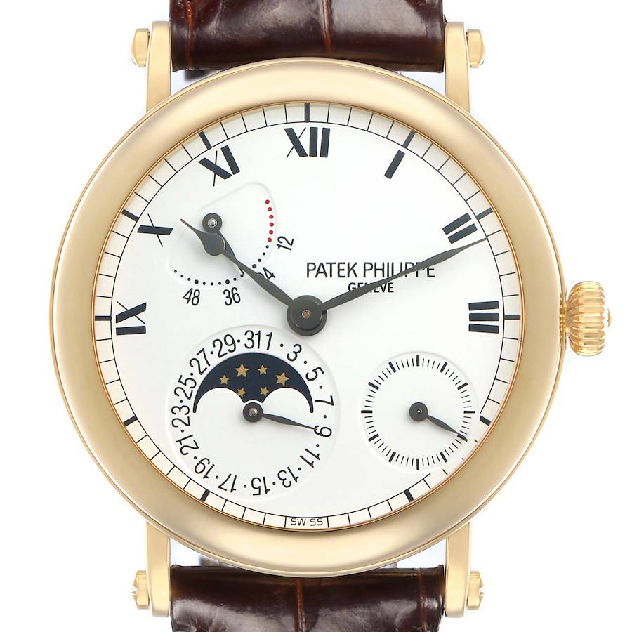 The Patek Philippe Complications 5054 Men's Yellow Gold White Dial watch is shown from the front, displaying the dial with moon phase and subdials.