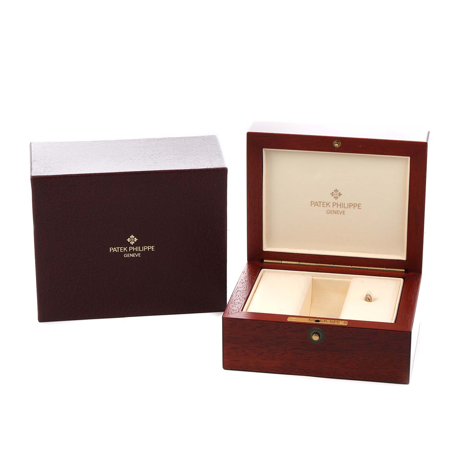 The image shows the packaging for a Patek Philippe Complications 5054 Men
s Yellow Gold White Dial model, featuring an open wooden watch box and a matching closed outer box.