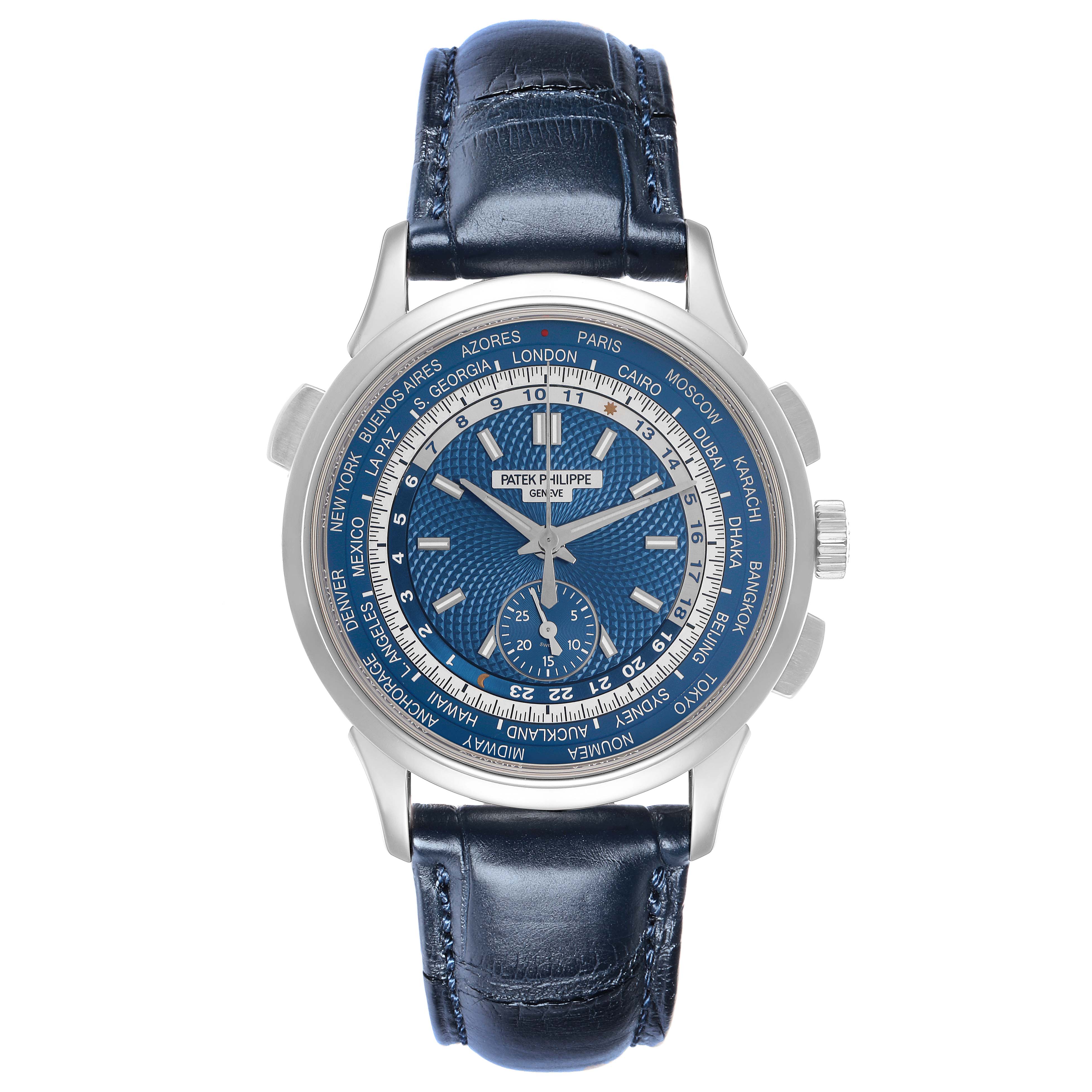 The Patek Philippe Complications 5930G-001 Men
s White Gold Blue Dial watch is shown from a front angle, highlighting the blue dial and leather strap.
