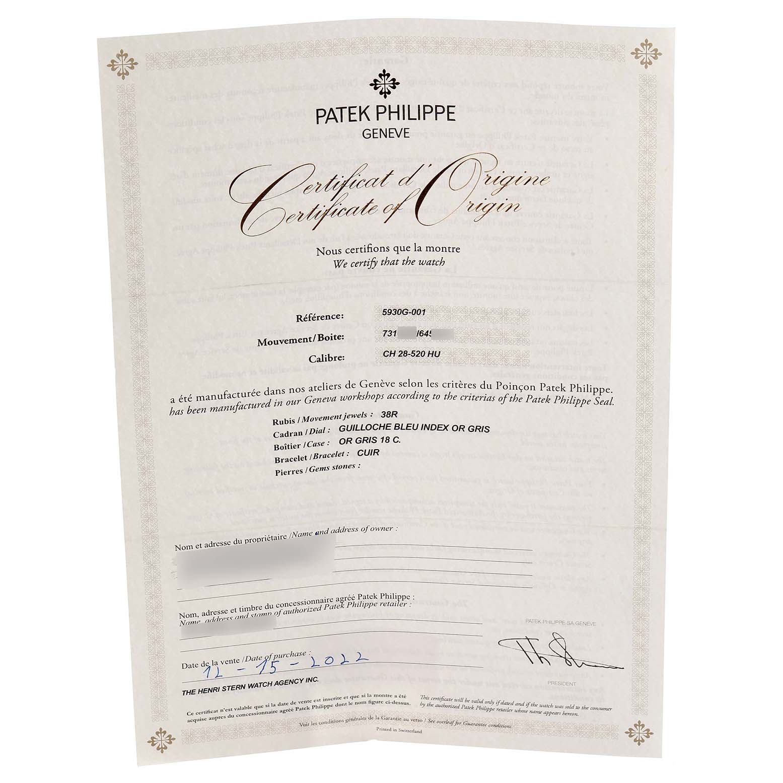 An official document for the Patek Philippe Complications 5930G-001 Men
s White Gold Blue Dial model is shown at an angled view, detailing specifications and Best Quality
ity.