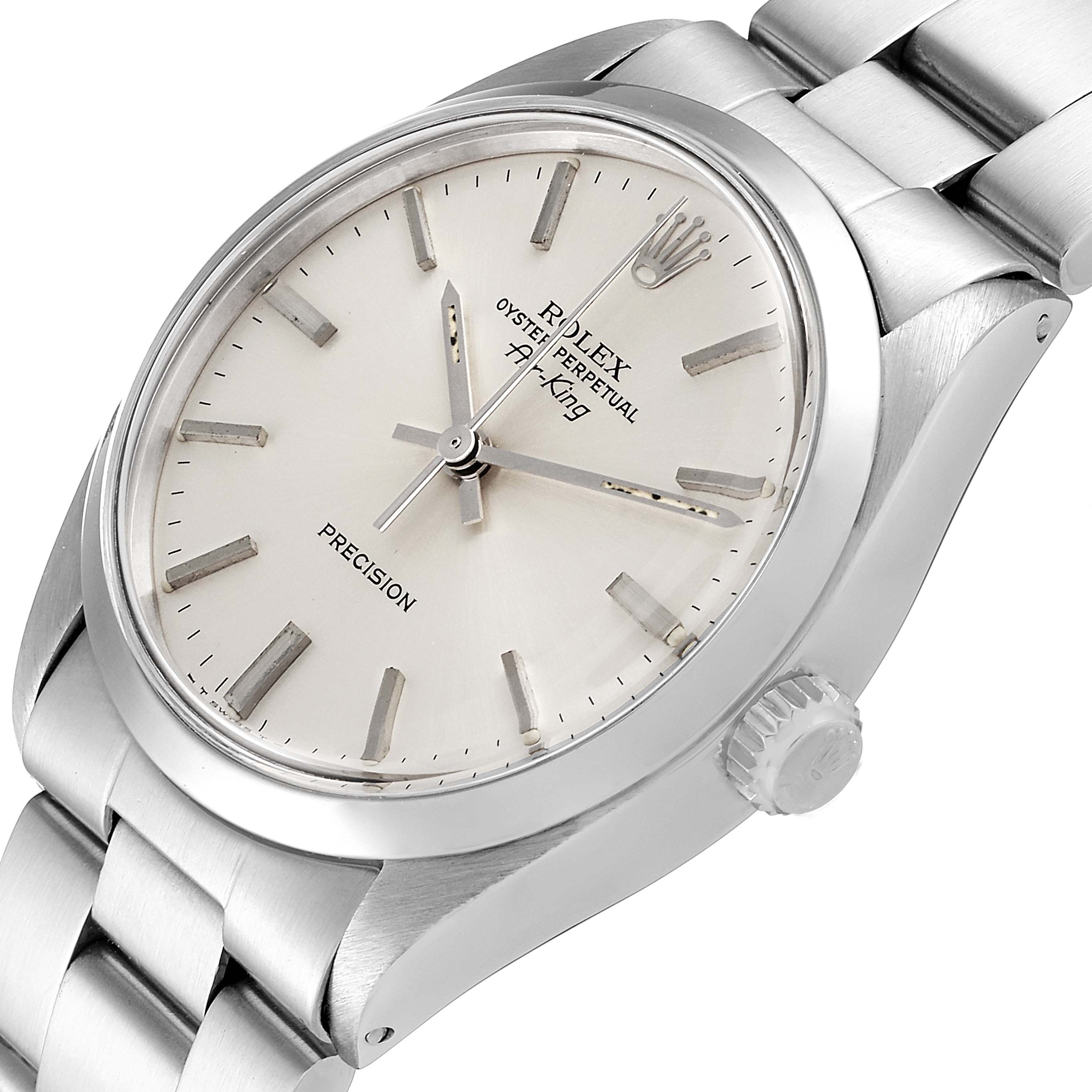 The image shows a close-up, side angled view of the Rolex Vintage Collection 5500 Men's Stainless Steel Silver Dial 5500 Men's Stainless Steel Silver Dial Oyster Perpetual Air-King watch, highlighting the dial and bracelet.