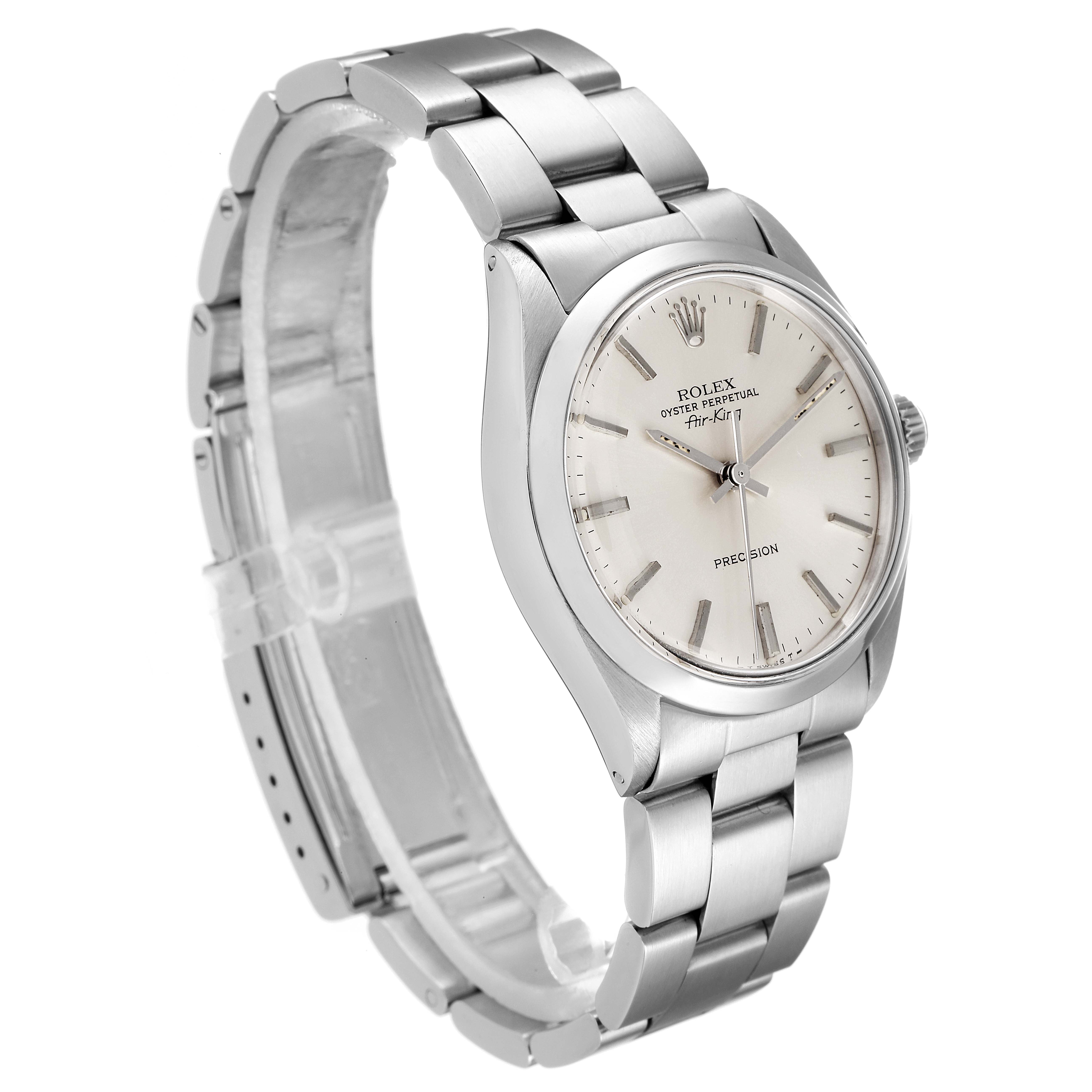 The image shows a side and frontal angle of the Rolex Vintage Collection 5500 Men's Stainless Steel Silver Dial 5500 Men's Stainless Steel Silver Dial watch, highlighting its stainless steel bracelet and round dial.