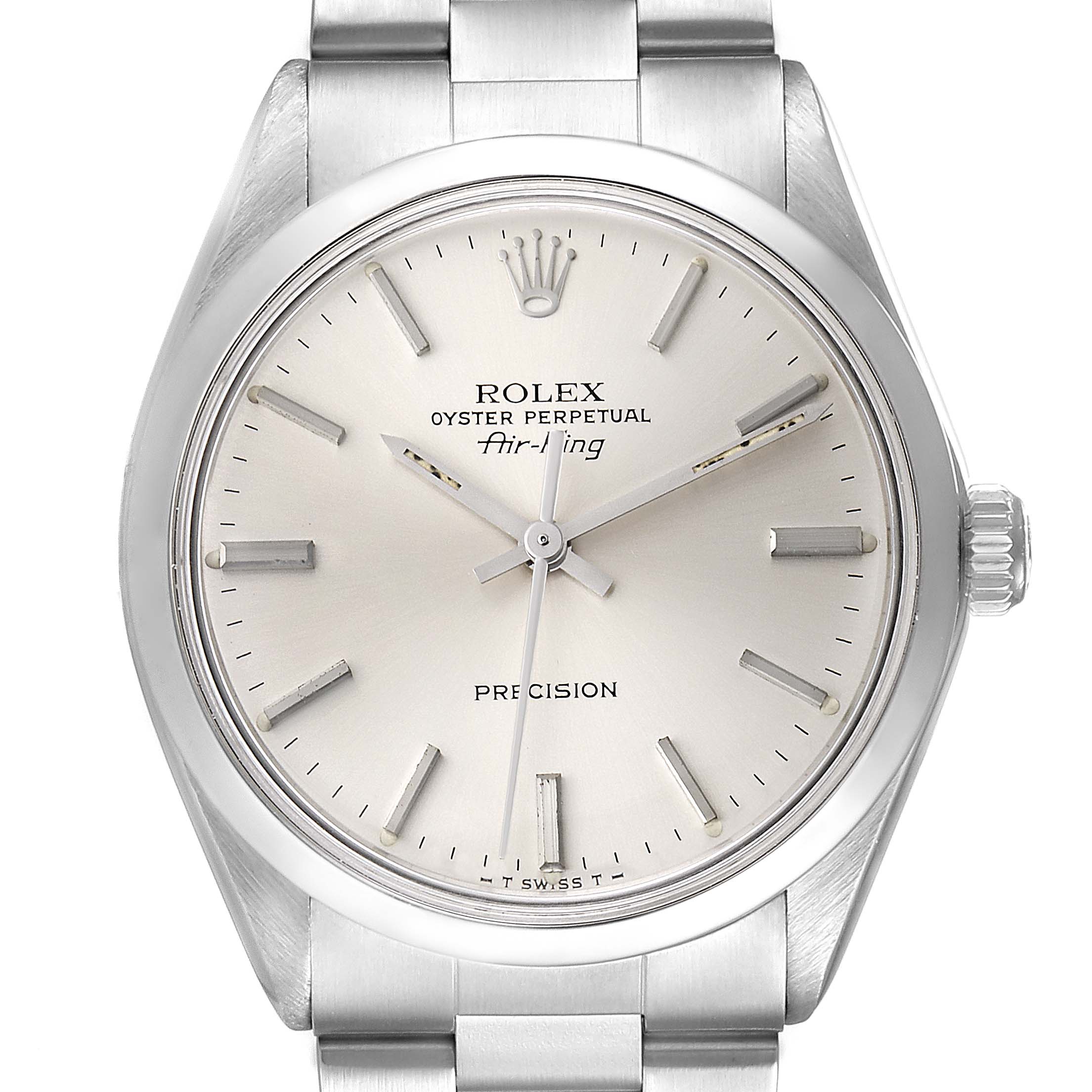This image shows the Rolex Vintage Collection 5500 Men's Stainless Steel Silver Dial 5500 Men's Stainless Steel Silver Dial watch model Air-King from a front angle, displaying the face, crown, and part of the bracelet.