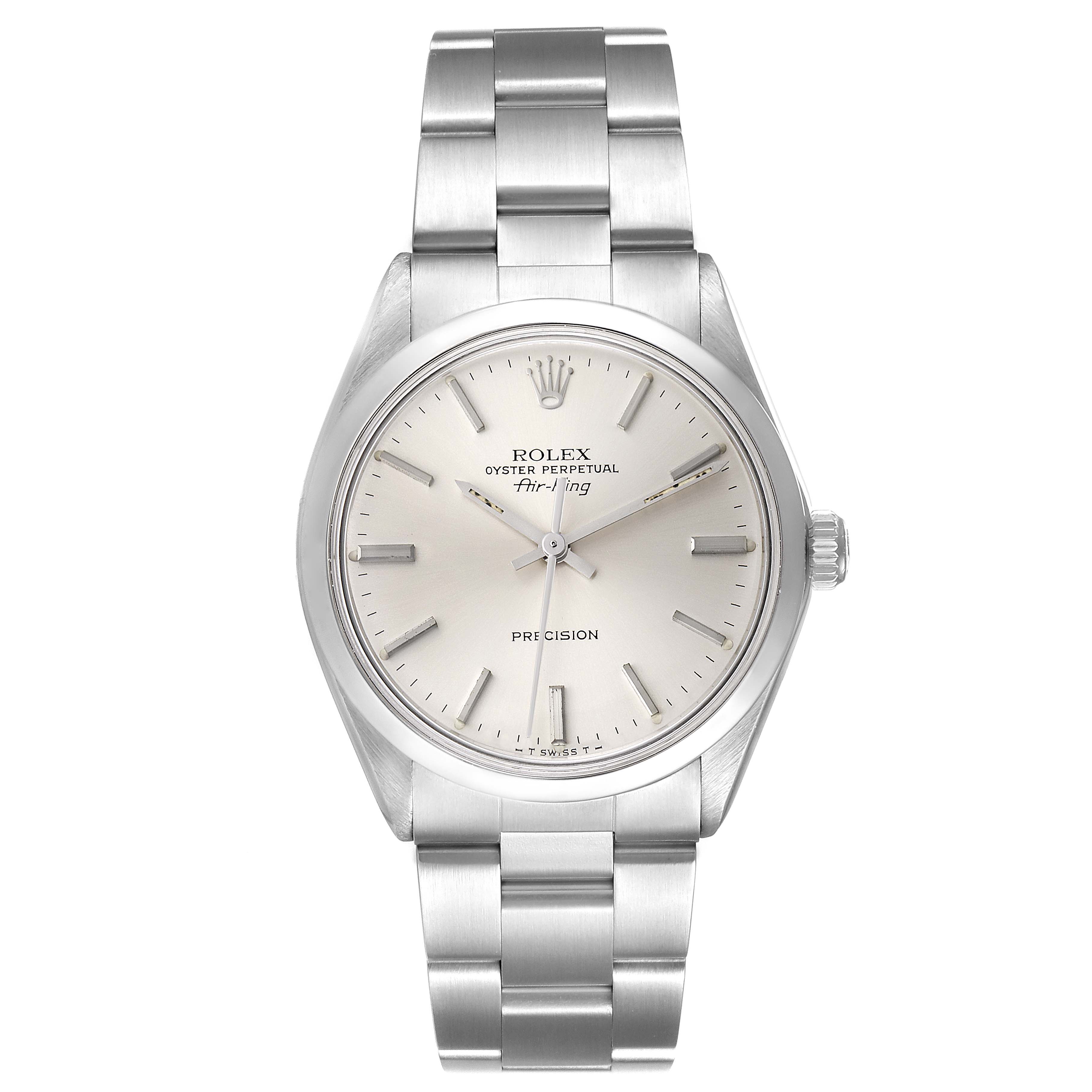 The image shows a full frontal view of the Rolex Vintage Collection 5500 Men's Stainless Steel Silver Dial 5500 Men's Stainless Steel Silver Dial Oyster Perpetual Air-King watch, highlighting the dial and bracelet.
