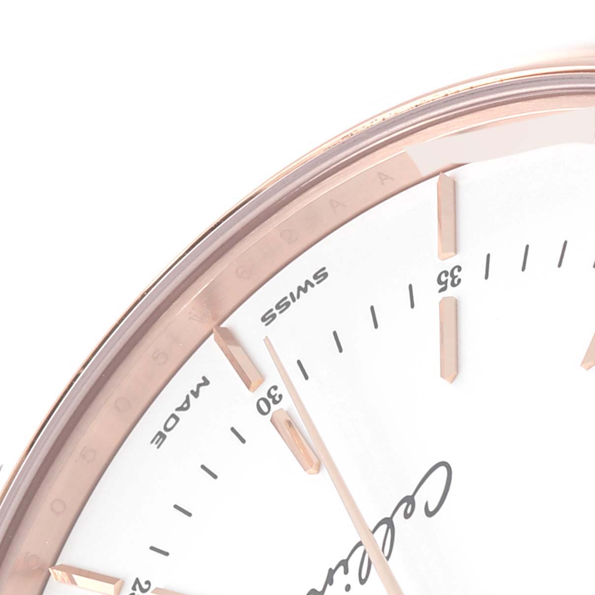 This image shows a close-up of the Rolex Cellini 50505 Men's Rose Gold White Dial 50505 Men's Rose Gold White Dial watch, highlighting its dial, markers, hands, and bezel edges.