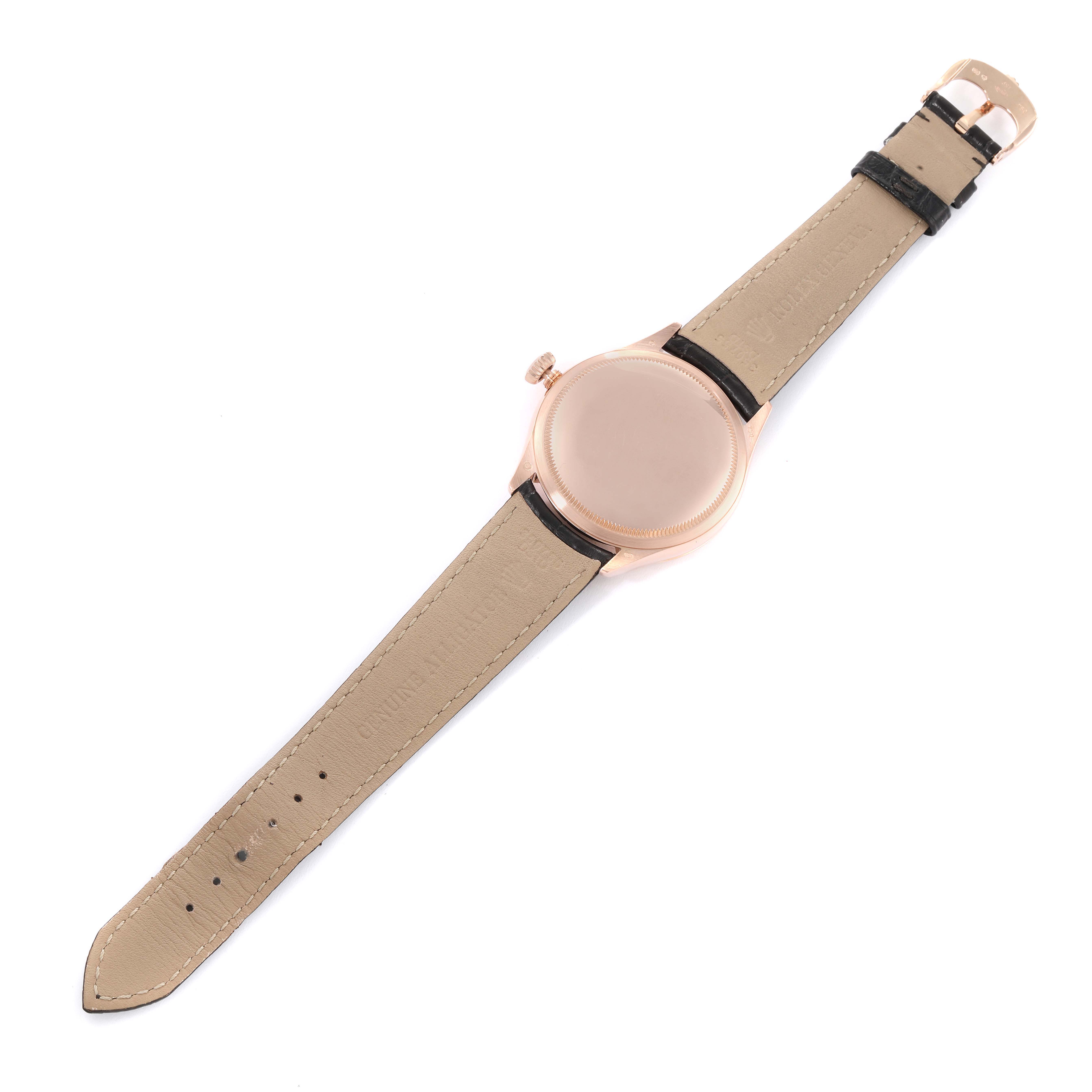 The watch shown is a Rolex Cellini 50505 Men's Rose Gold White Dial 50505 Men's Rose Gold White Dial model, viewed from the back with a focus on the caseback and leather strap.