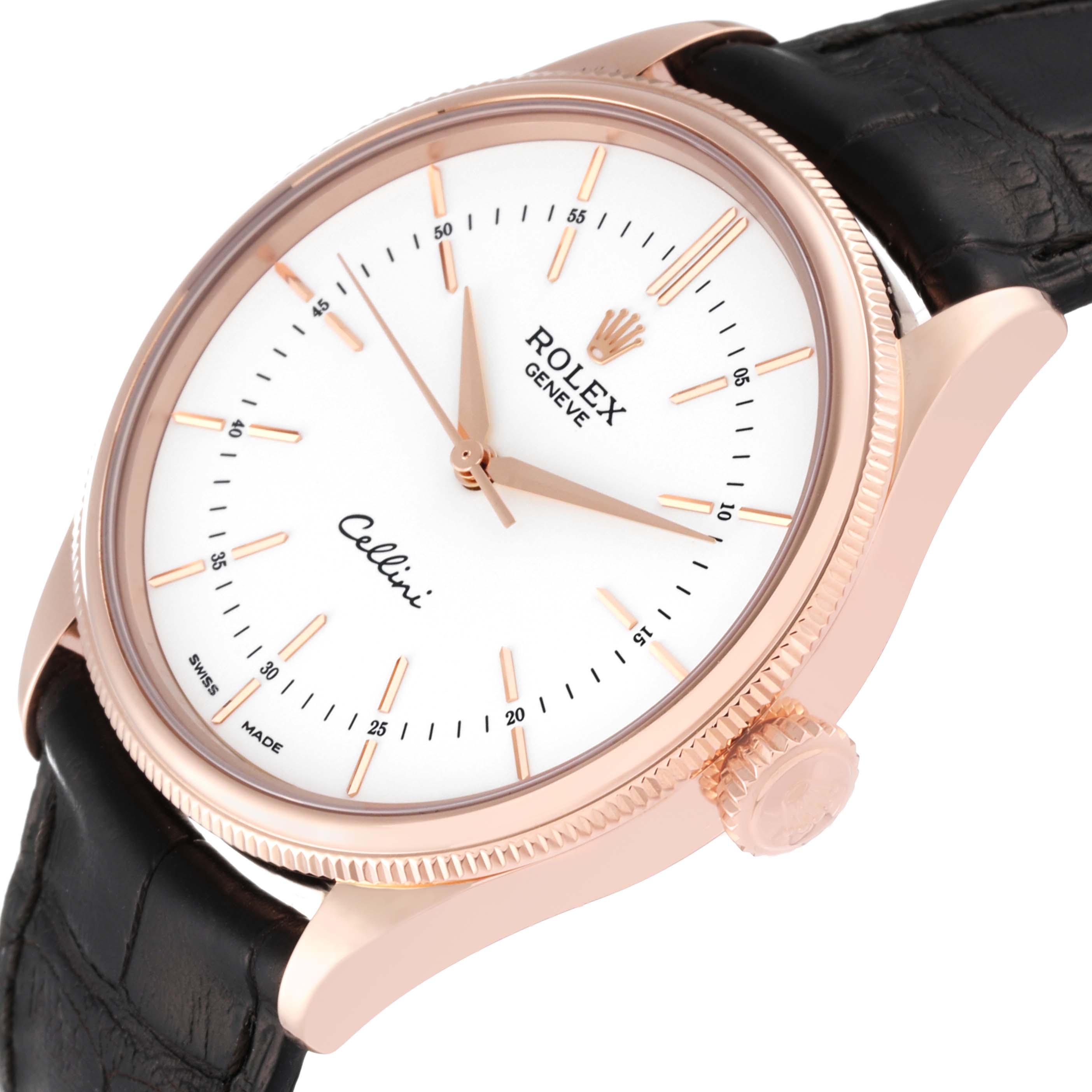 The image shows a close-up angle of the Rolex Cellini 50505 Men's Rose Gold White Dial 50505 Men's Rose Gold White Dial watch, highlighting its face, bezel, crown, and leather strap.