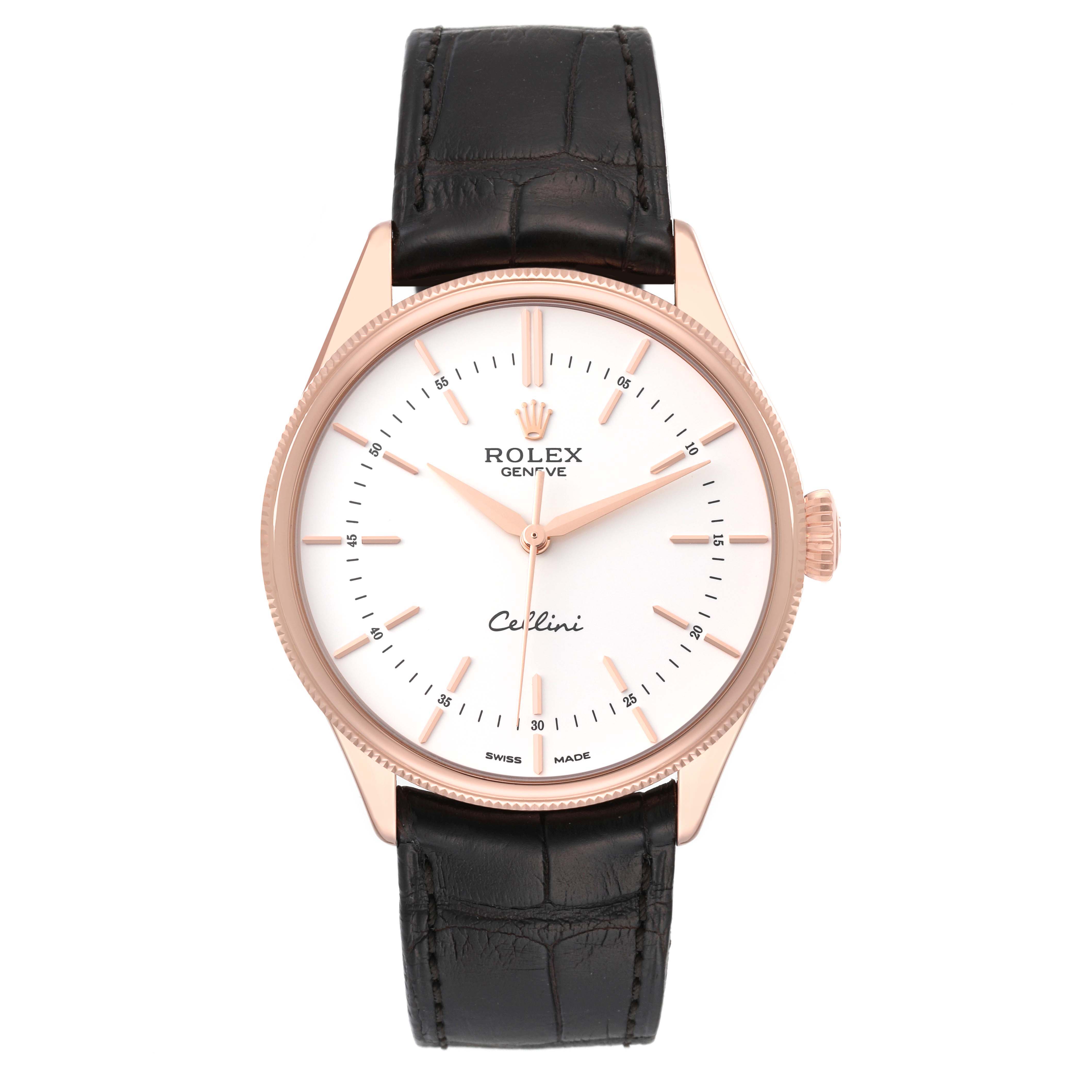 The image shows a front view of the Rolex Cellini 50505 Men's Rose Gold White Dial 50505 Men's Rose Gold White Dial watch, displaying its face, hands, bezel, and leather strap.